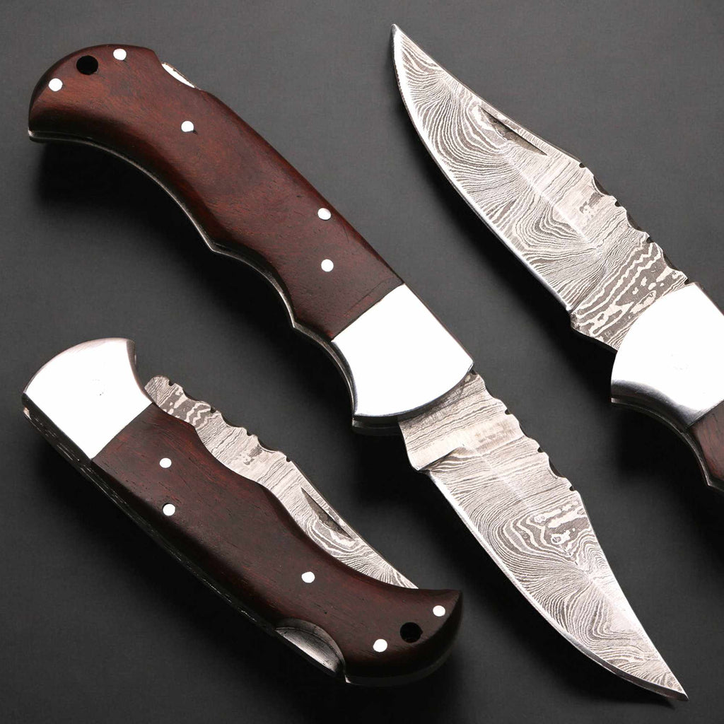 Damascus Folding Knife | Rosewood Handle Lockback | Pocket EDC Knife