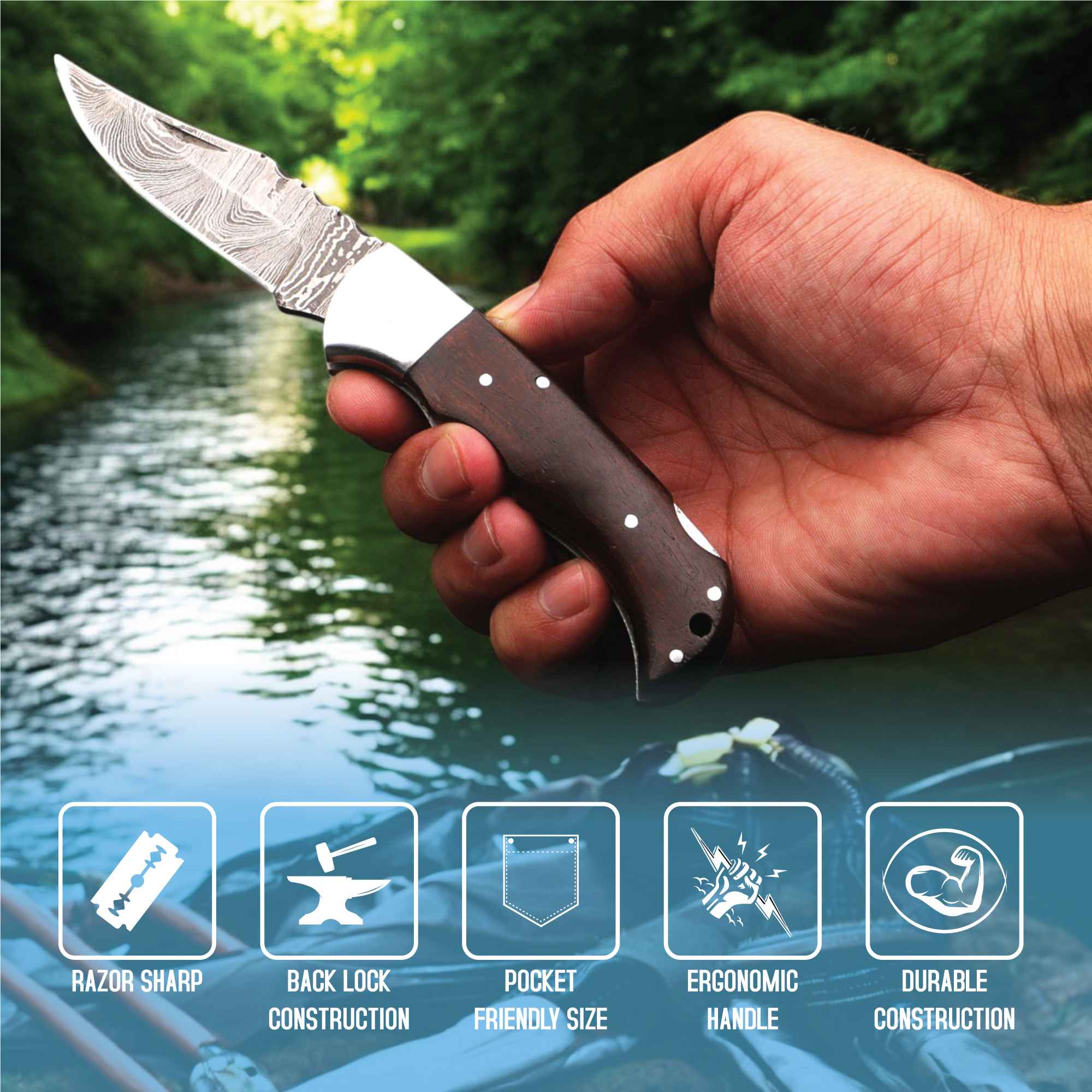 Damascus Folding Knife | Rosewood Handle Lockback | Pocket EDC Knife