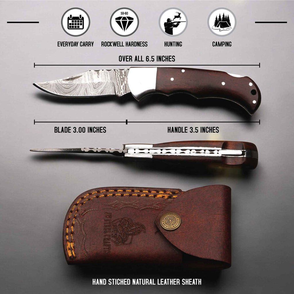 Damascus Folding Knife | Rosewood Handle Lockback | Pocket EDC Knife