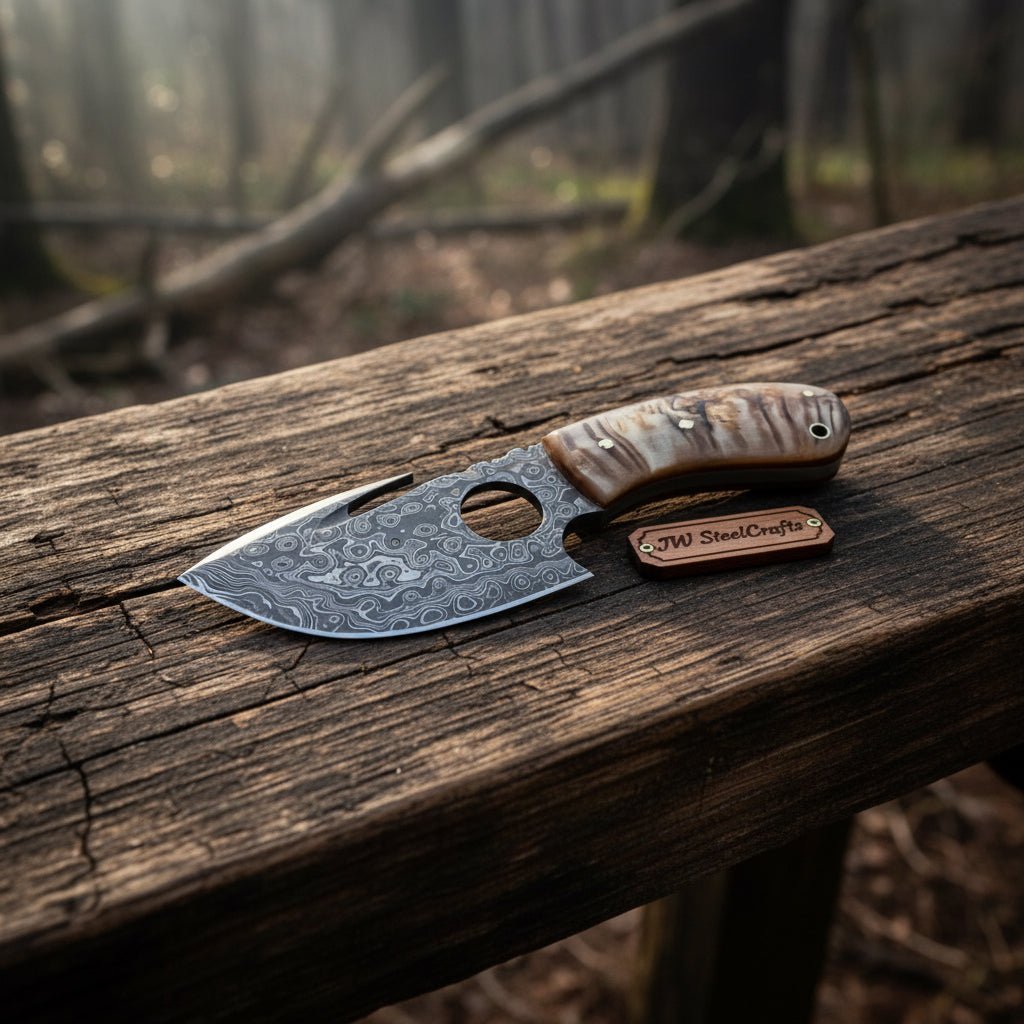 Damascus Gut hook Skinner Knife Raindrop pattern | two handle options