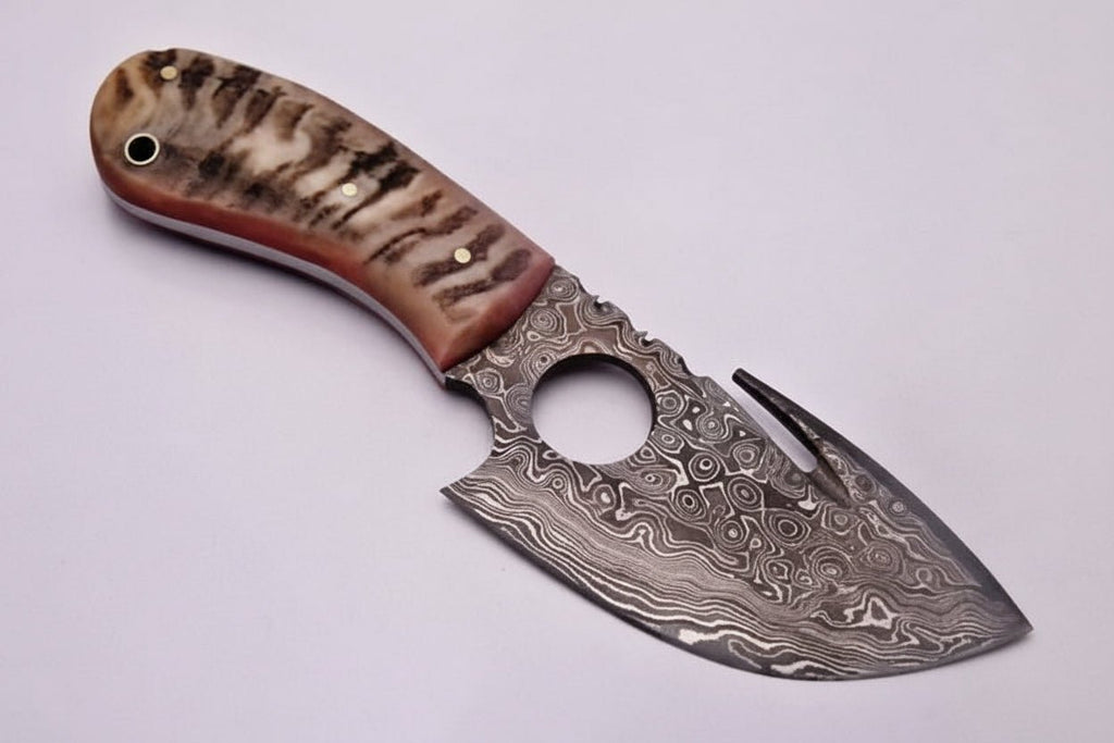 Damascus Gut hook Skinner Knife Raindrop pattern | two handle options