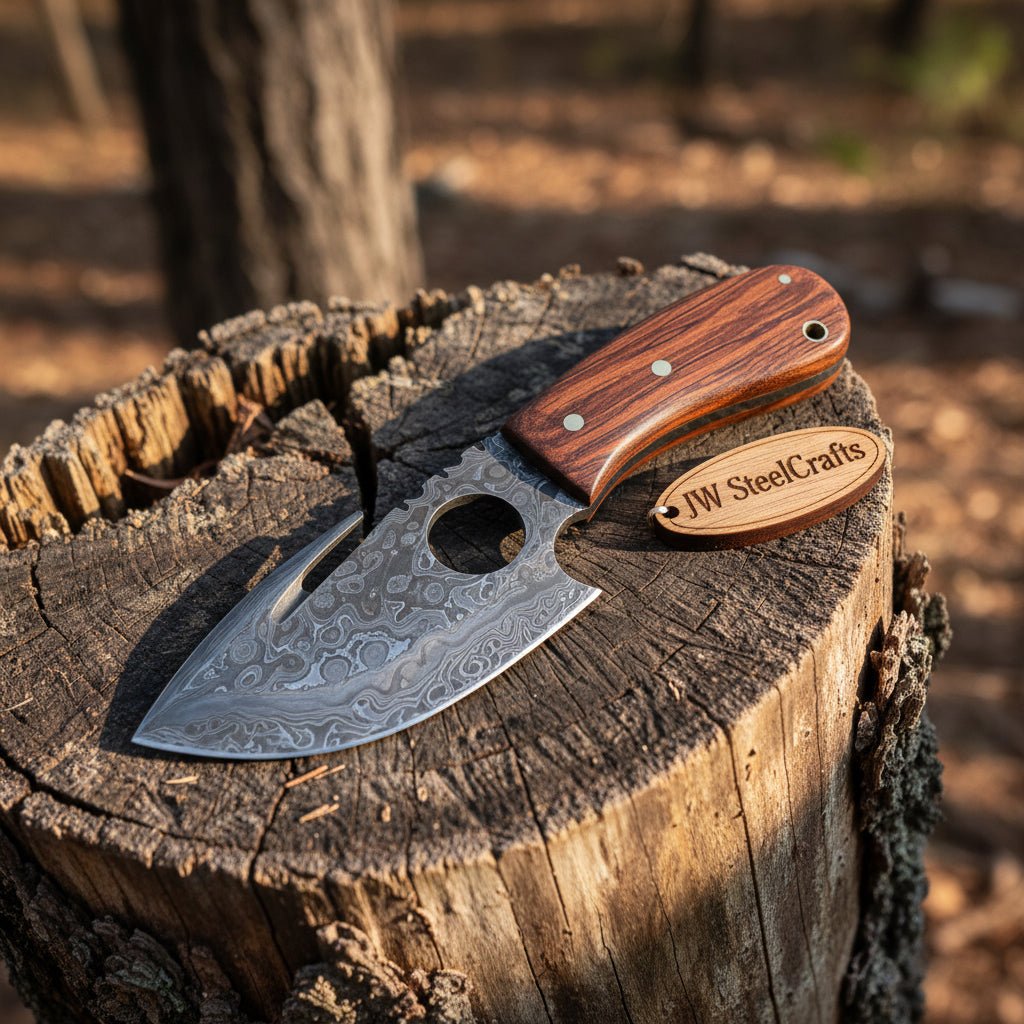 Damascus Gut hook Skinner Knife Raindrop pattern | two handle options