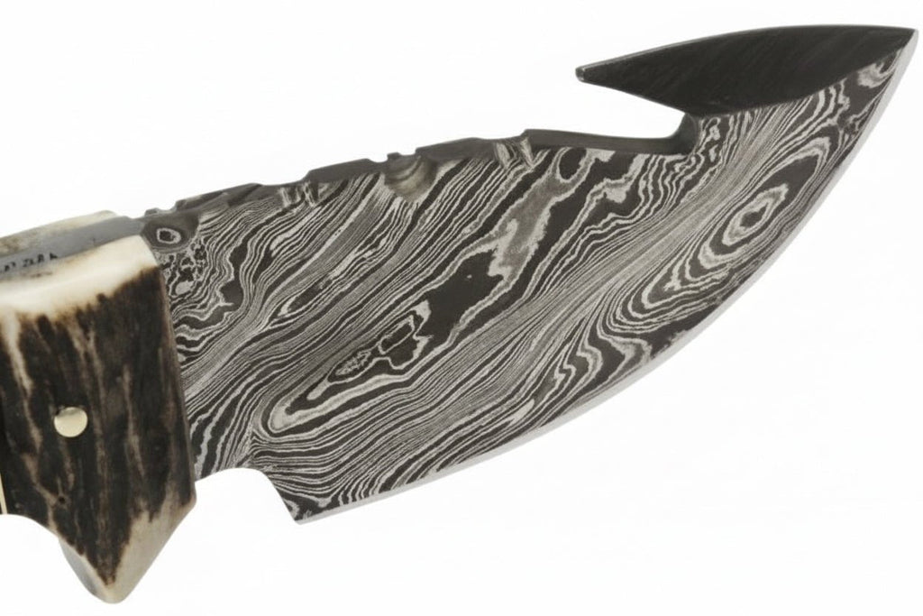 Damascus Steel Skinner Knife w/ Stag Handle and Gut Hook /Hunting Fixed Blade Knife
