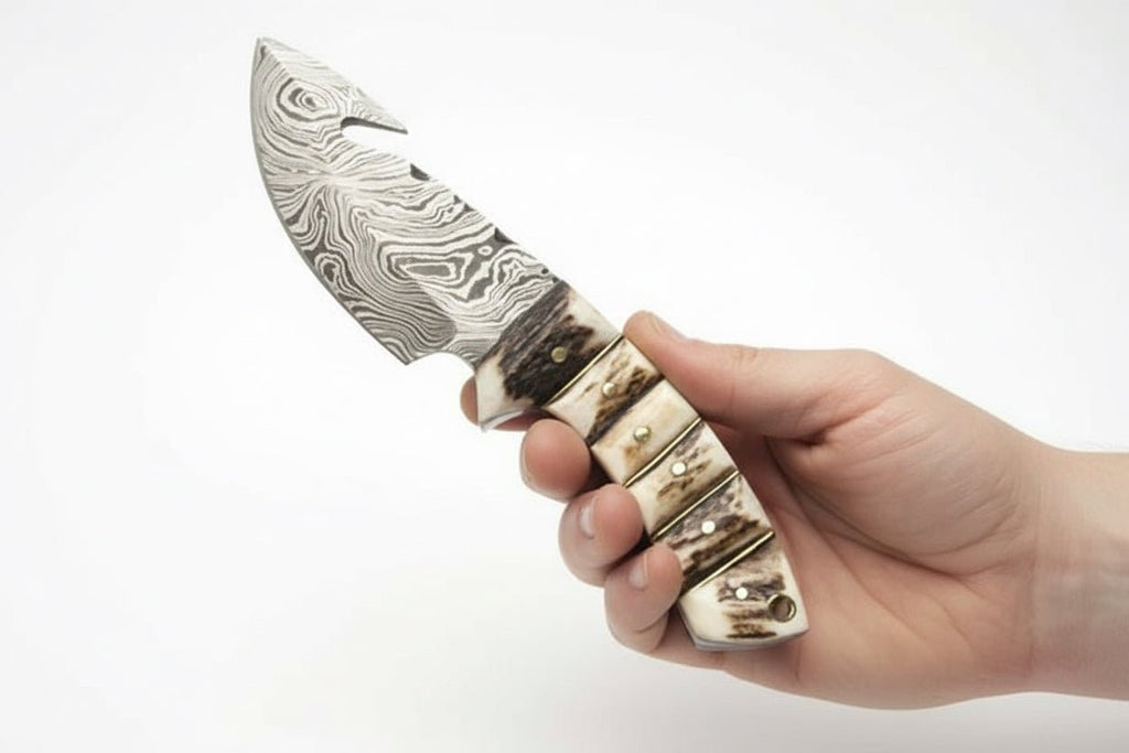 Damascus Steel Skinner Knife w/ Stag Handle and Gut Hook /Hunting Fixed Blade Knife