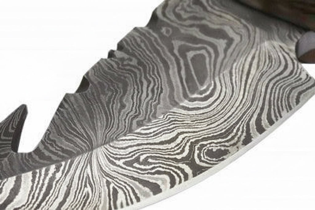 Damascus Steel Skinner Knife w/ Stag Handle and Gut Hook /Hunting Fixed Blade Knife