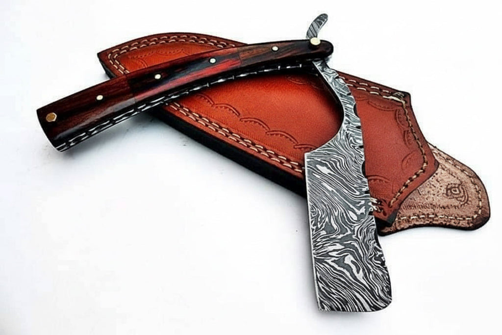 Damascus Steel Straight Barber Razor with Multicolor Wood Handle