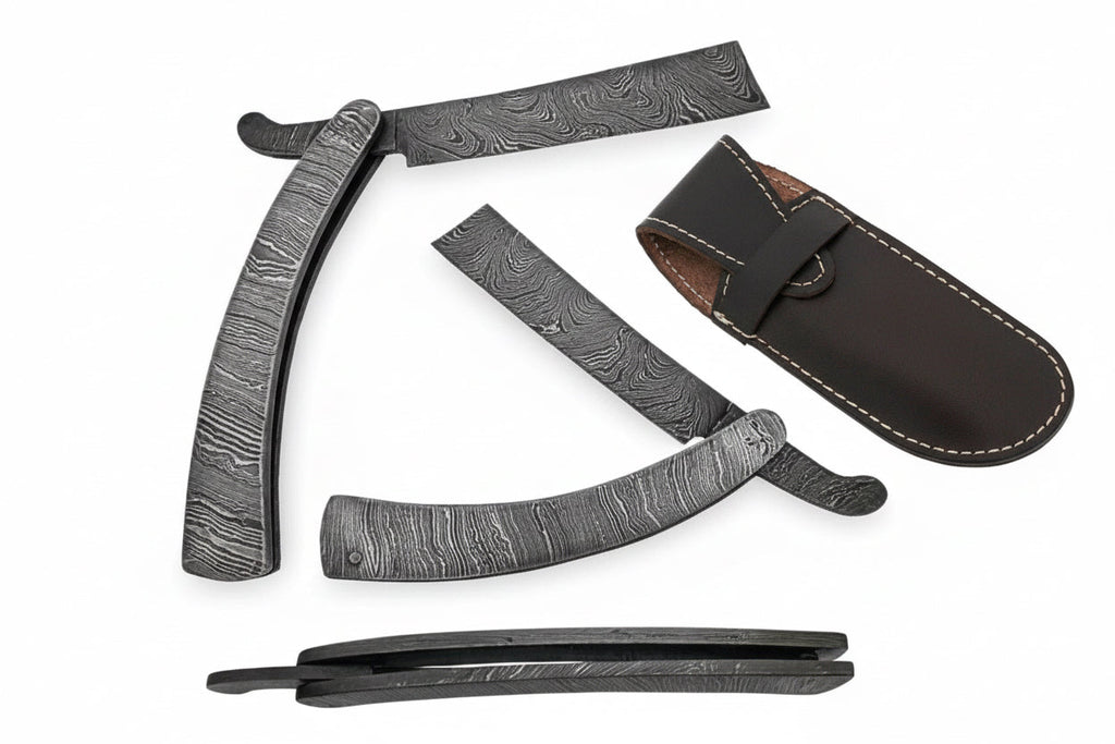 Handmade Damascus Steel Sweeney Todd Style Straight Razor Barber Folding Razor with Leather Sheath