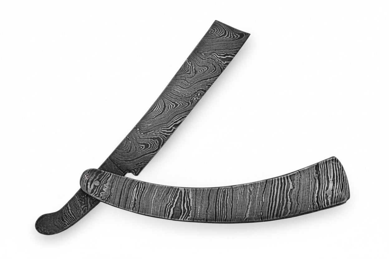 Handmade Damascus Steel Sweeney Todd Style Straight Razor Barber Folding Razor with Leather Sheath