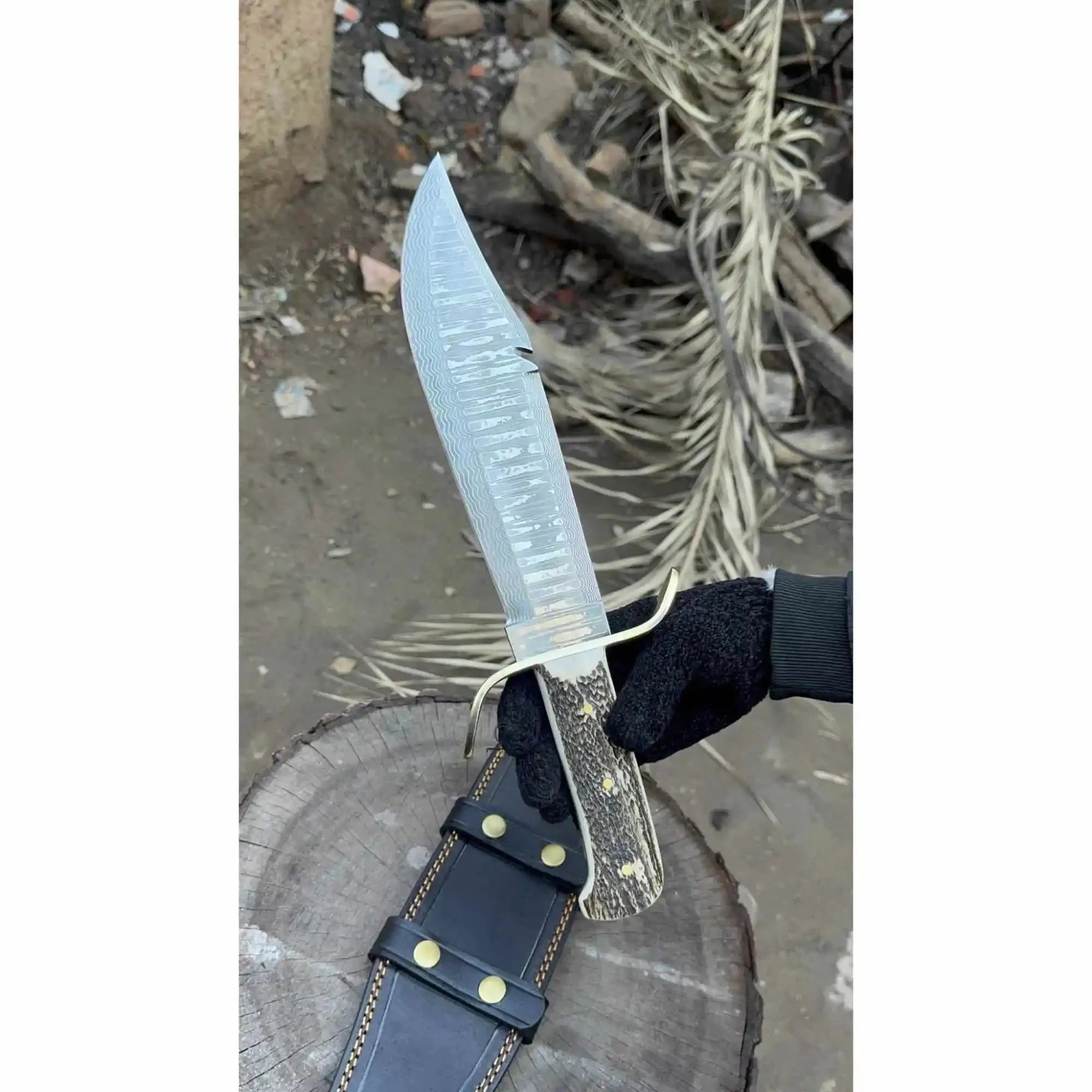 Frontier Bowie Style Hand Forged Damascus Steel Knife with Brass S-Guard, Clip Point Blade, Cut Hook, Stag Handle, Full Tang with Leather Sheath – JW SteelCrafts