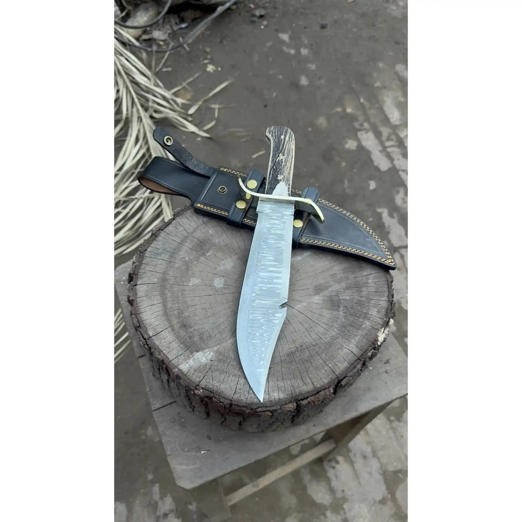 Frontier Bowie Style Hand Forged Damascus Steel Knife with Brass S-Guard, Clip Point Blade, Cut Hook, Stag Handle, Full Tang with Leather Sheath – JW SteelCrafts