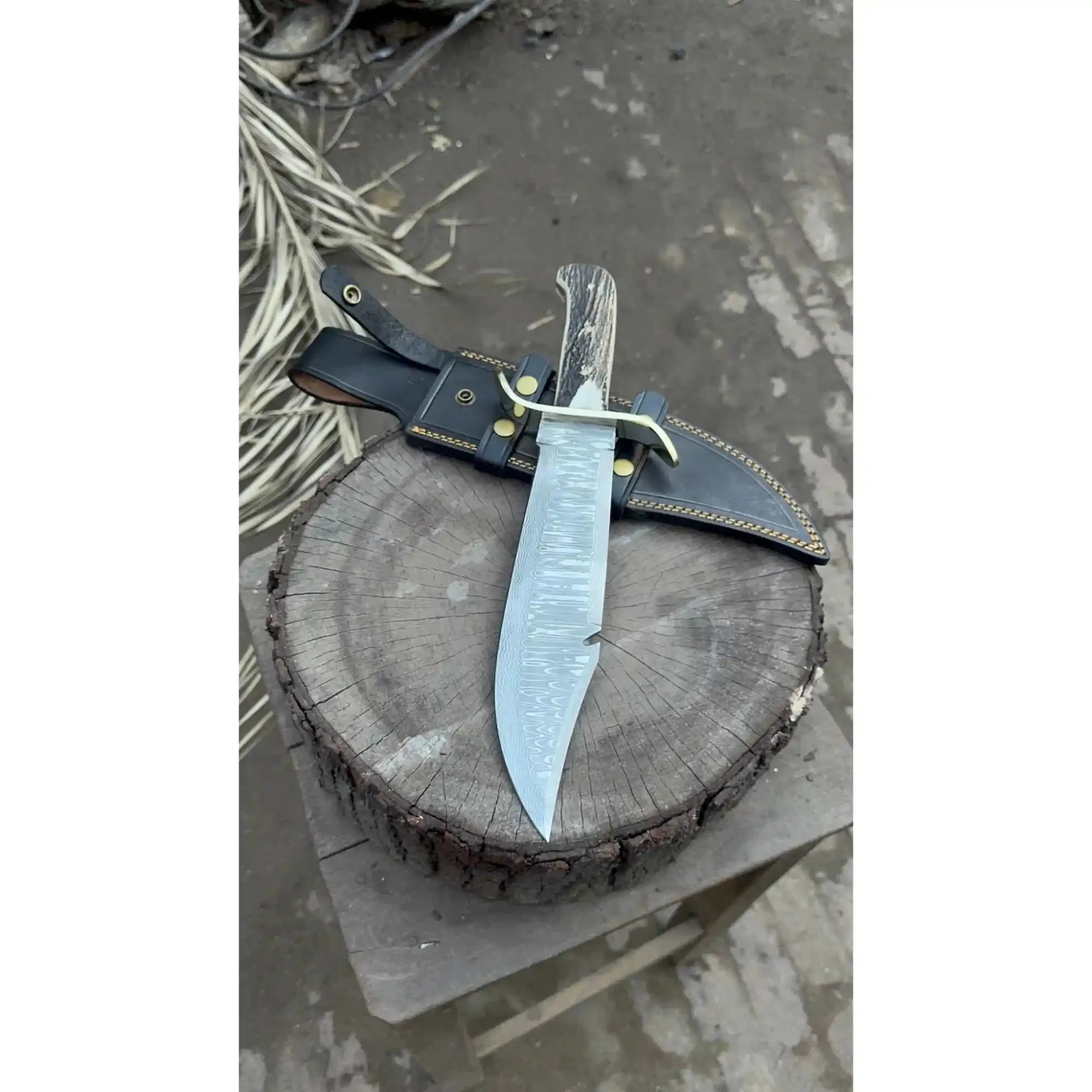 Frontier Bowie Style Hand Forged Damascus Steel Knife with Brass S-Guard, Clip Point Blade, Cut Hook, Stag Handle, Full Tang with Leather Sheath – JW SteelCrafts