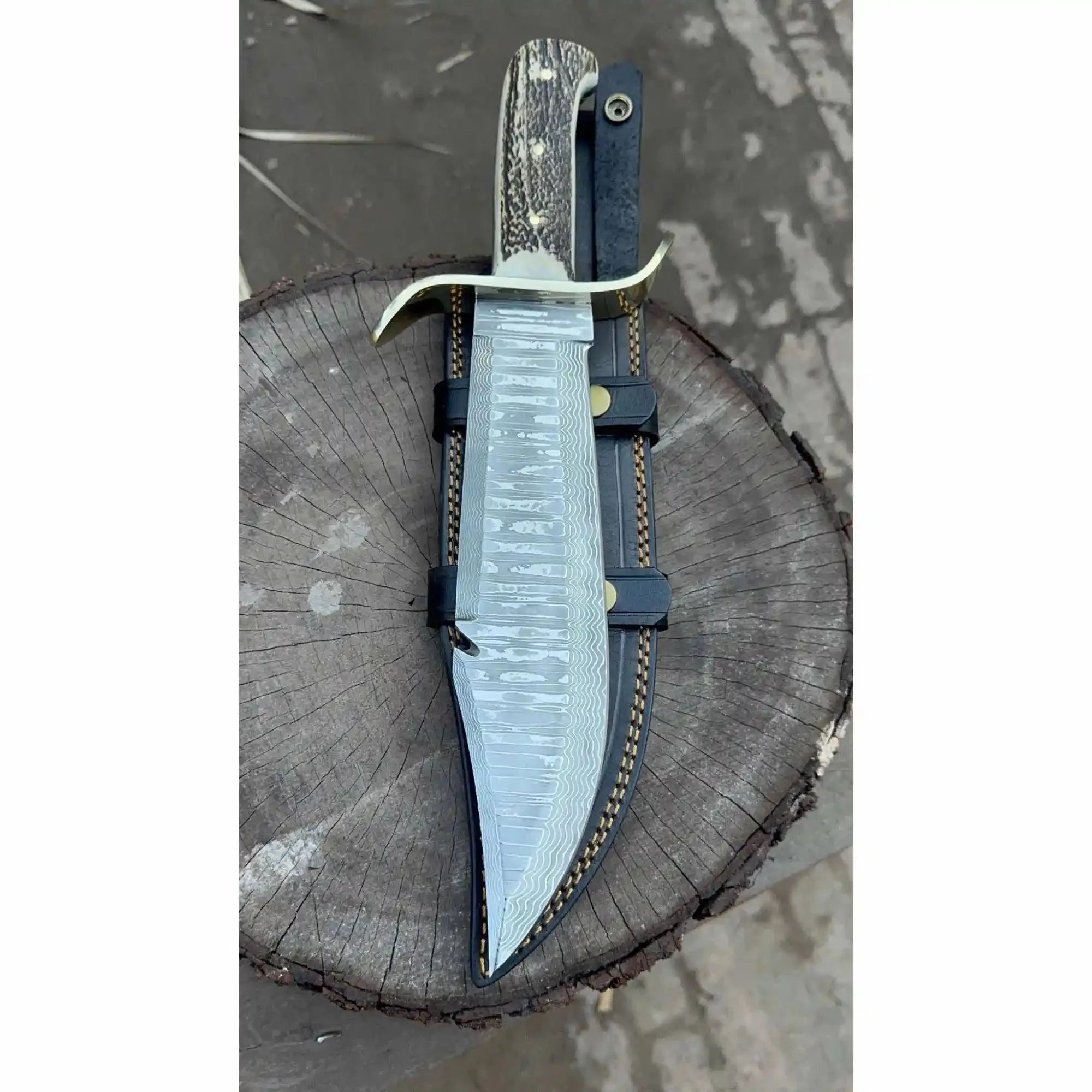 Frontier Bowie Style Hand Forged Damascus Steel Knife with Brass S-Guard, Clip Point Blade, Cut Hook, Stag Handle, Full Tang with Leather Sheath – JW SteelCrafts
