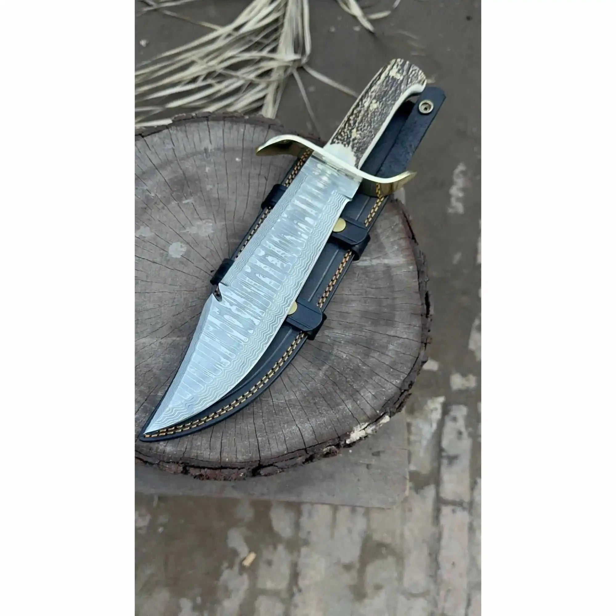 Frontier Bowie Style Hand Forged Damascus Steel Knife with Brass S-Guard, Clip Point Blade, Cut Hook, Stag Handle, Full Tang with Leather Sheath – JW SteelCrafts