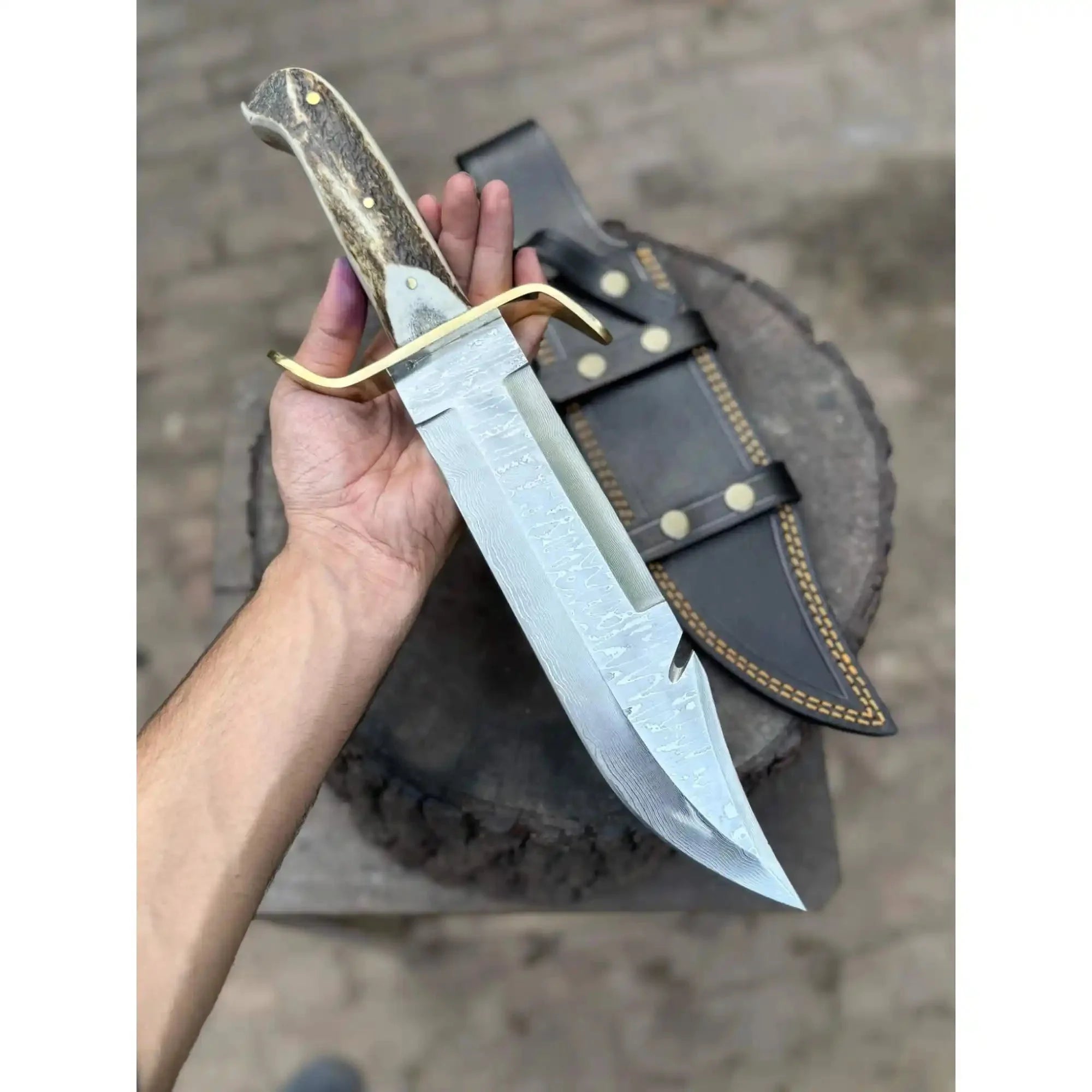 Frontier Bowie Style Hand Forged Damascus Steel Knife with Brass S-Guard, Clip Point Blade, Cut Hook, Stag Handle, Full Tang with Leather Sheath – JW SteelCrafts