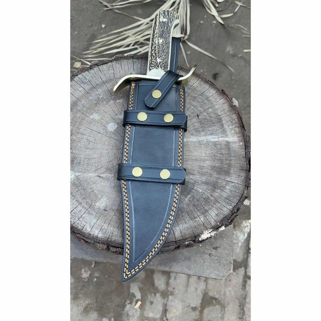 Frontier Bowie Style Hand Forged Damascus Steel Knife with Brass S-Guard, Clip Point Blade, Cut Hook, Stag Handle, Full Tang with Leather Sheath – JW SteelCrafts