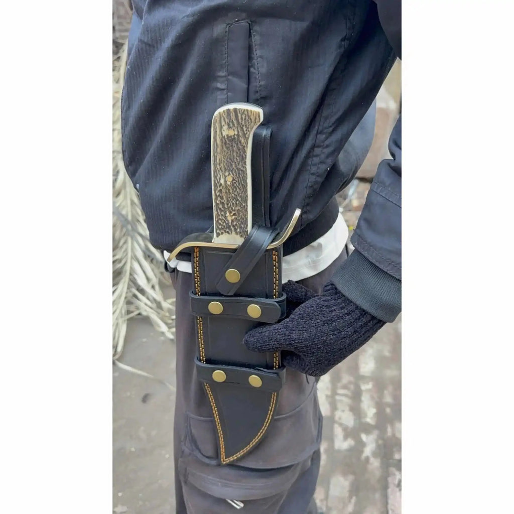 Frontier Bowie Style Hand Forged Damascus Steel Knife with Brass S-Guard, Clip Point Blade, Cut Hook, Stag Handle, Full Tang with Leather Sheath – JW SteelCrafts