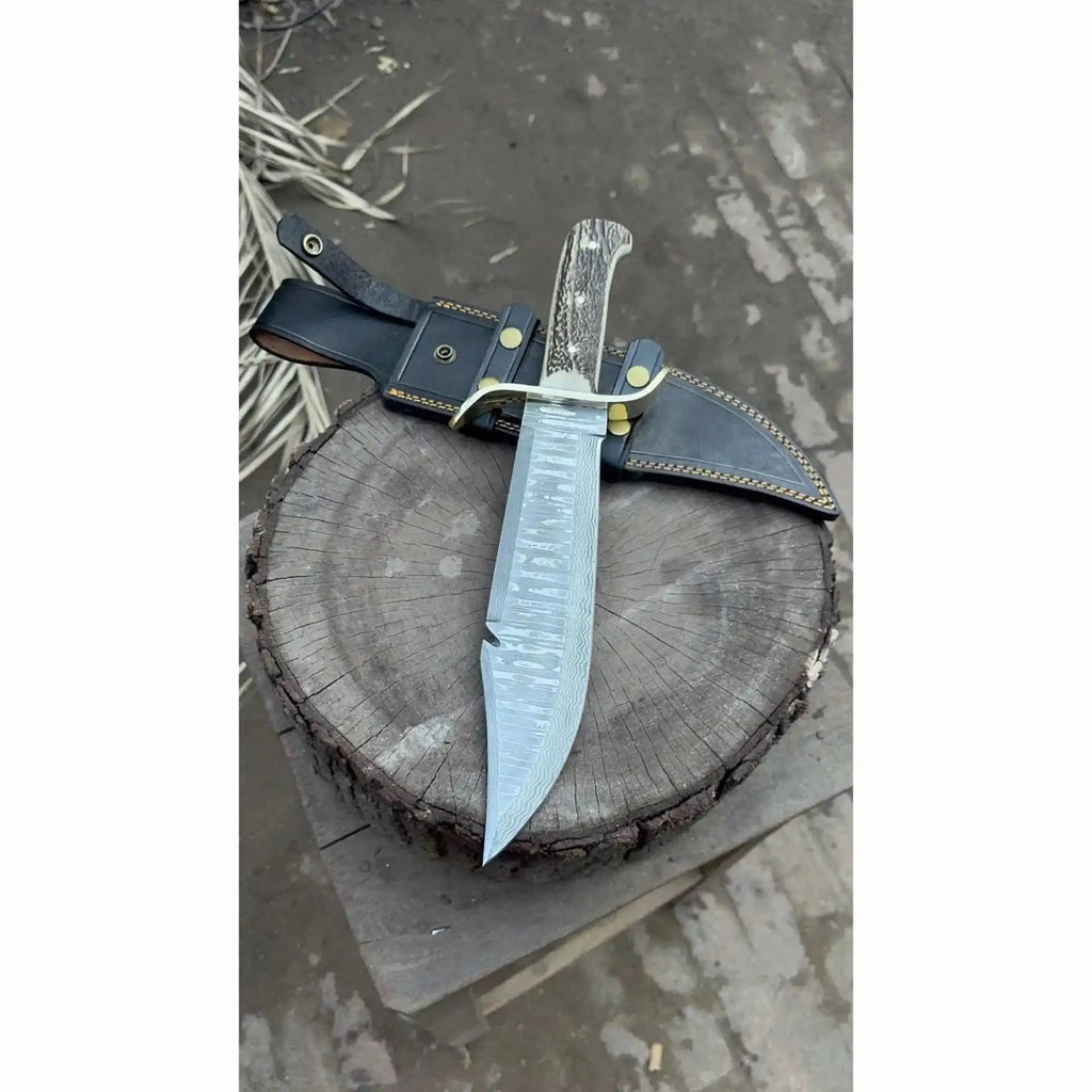 Frontier Bowie Style Hand Forged Damascus Steel Knife with Brass S-Guard, Clip Point Blade, Cut Hook, Stag Handle, Full Tang with Leather Sheath – JW SteelCrafts