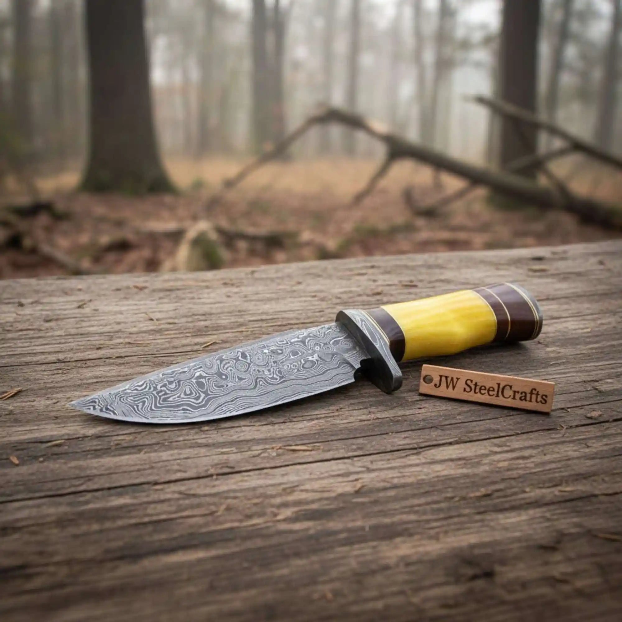 Frontier Clip Point Bowie Knife, Hand Forged Damascus Steel Blade, Stacked Handle, Custom Handmade Bowie, JW SteelCrafts