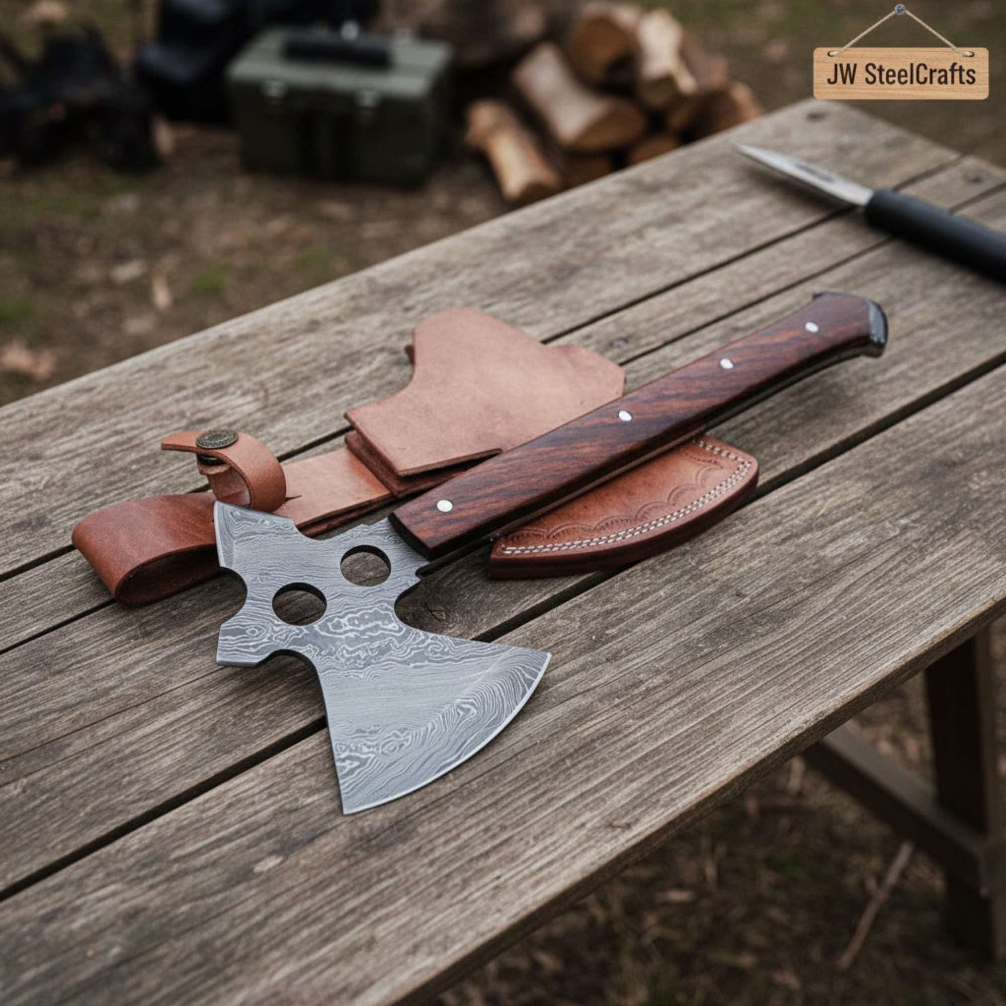 Full-Tang Damascus Camping Axe with Rosewood Handle Scales, Skeletonized Spine & Leather Sheath | JW SteelCrafts