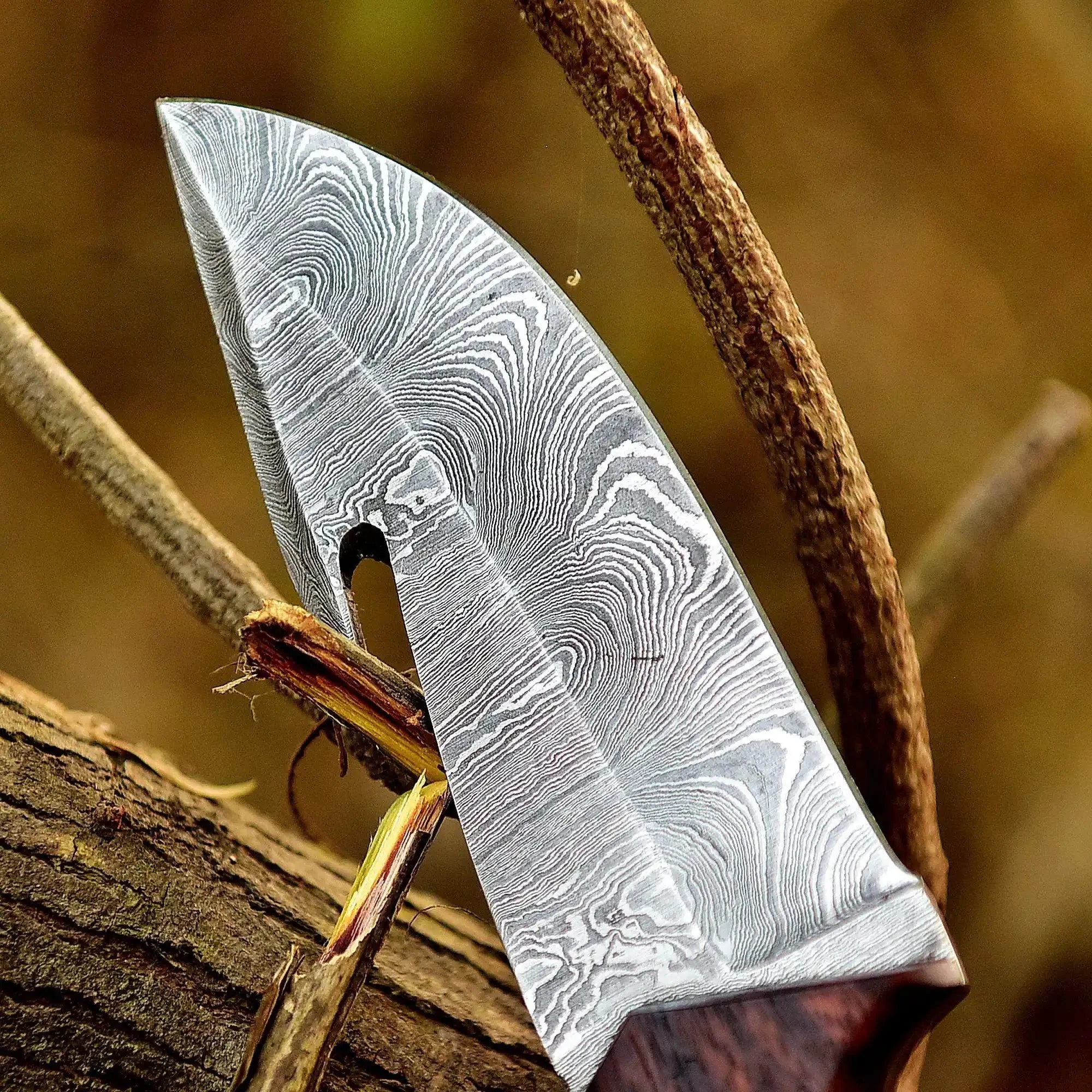 Gut Hook Hunting Knife with Bone, Resin & Rosewood Handle | Damascus Pattern Blade