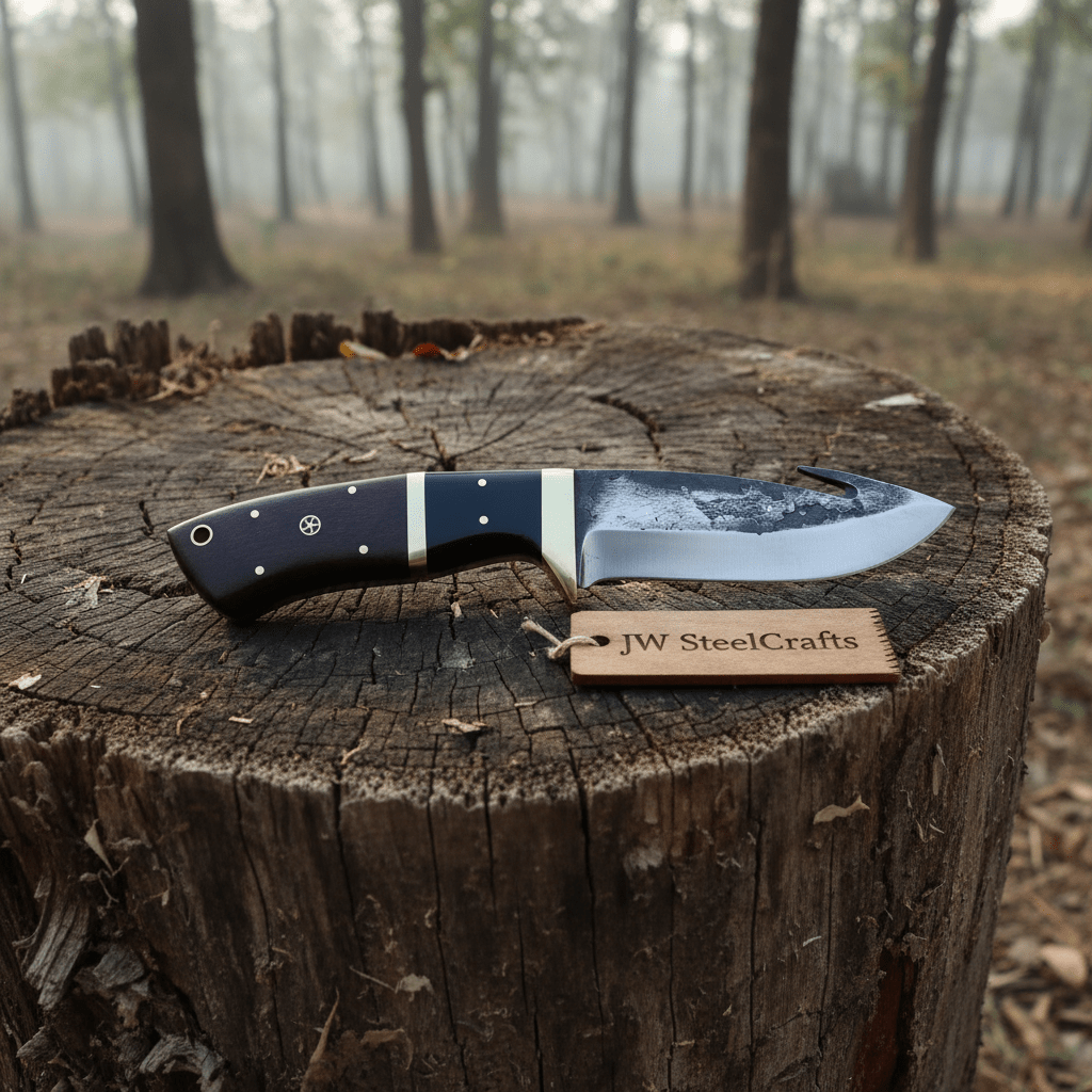 Gut hook knife with wood and brass handle.