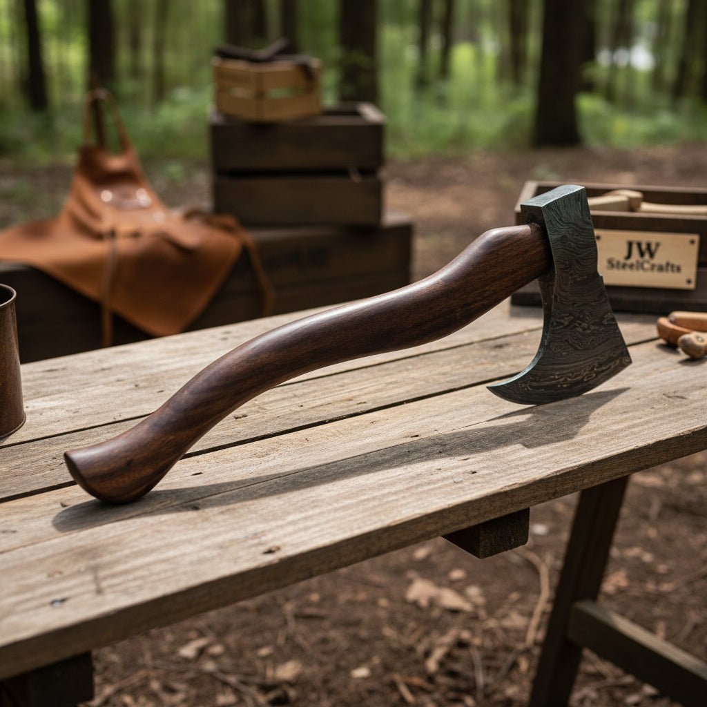 Hand-Forged Damascus Bearded Bushcraft Hatchet with Curved Hardwood Handle