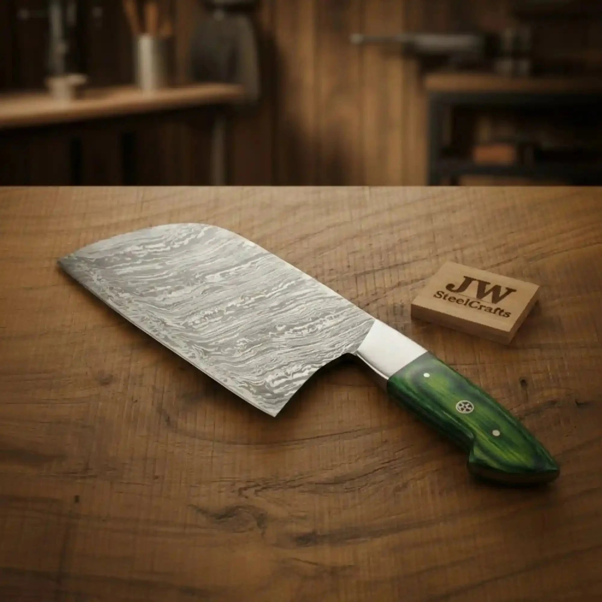 Hand Forged Damascus Cleaver Knife, Full Tang Kitchen Butcher Knife, Green Wood Handle, Professional Meat Cutting Tool