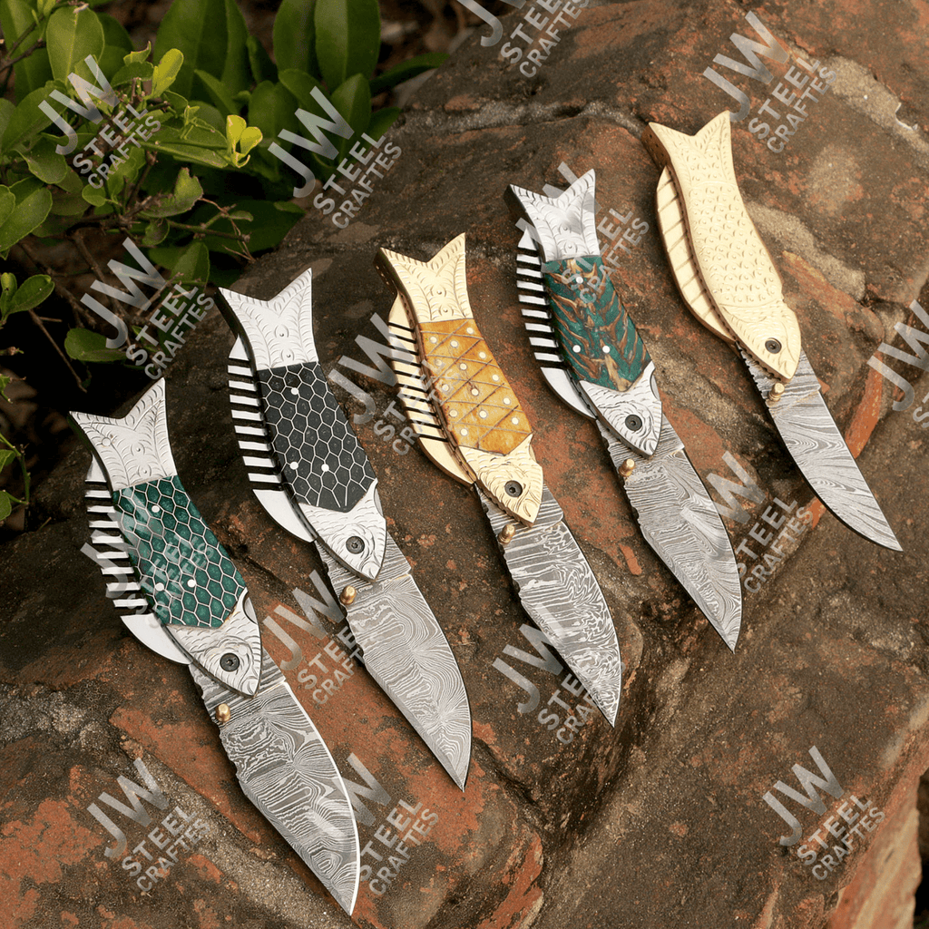 Hand Forged Damascus Steel Folding Knife – Honeycomb, Pinecone & Brass Handle Variations