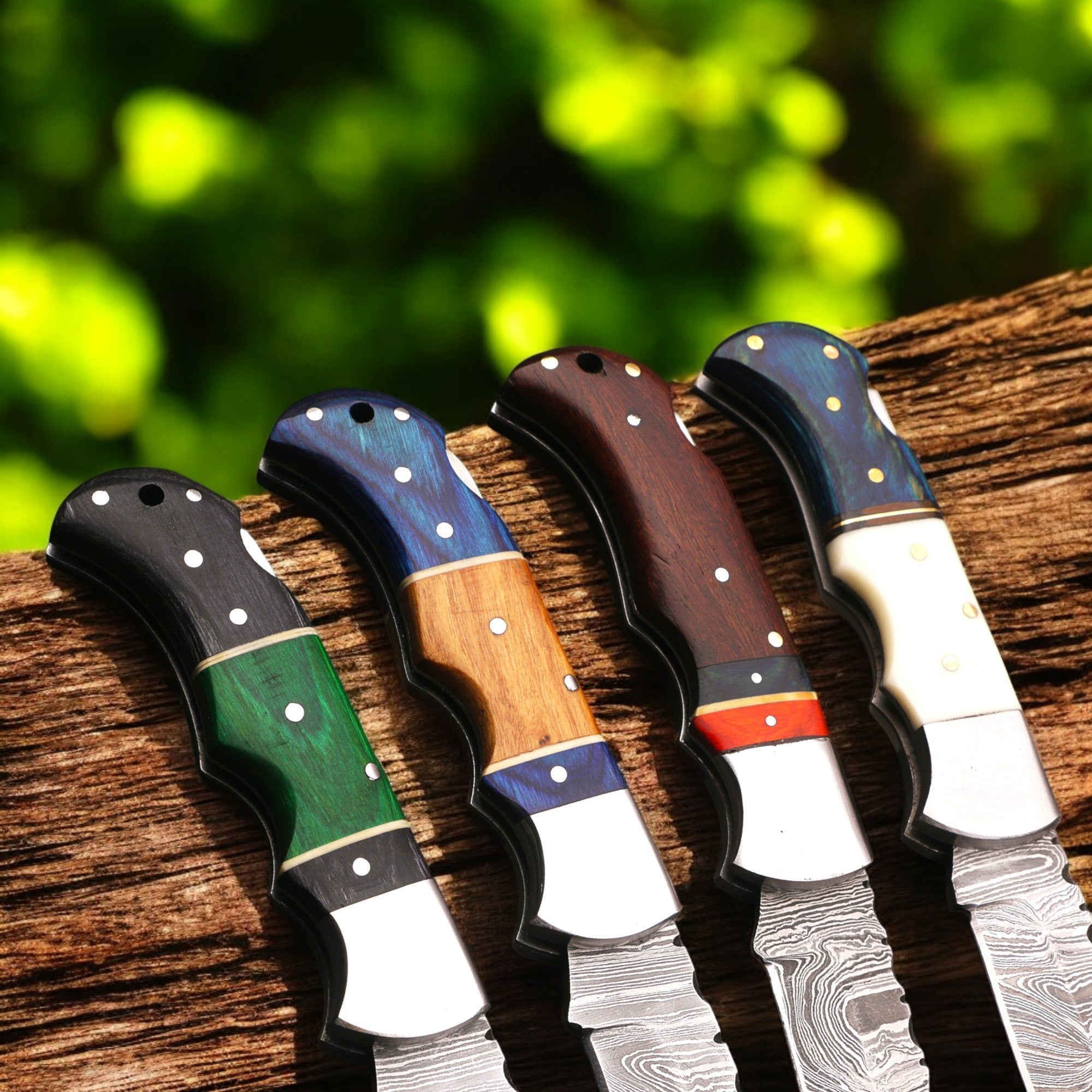 Hand Forged Damascus Steel Folding Knife – Pakka Wood Handle with Leather Sheath