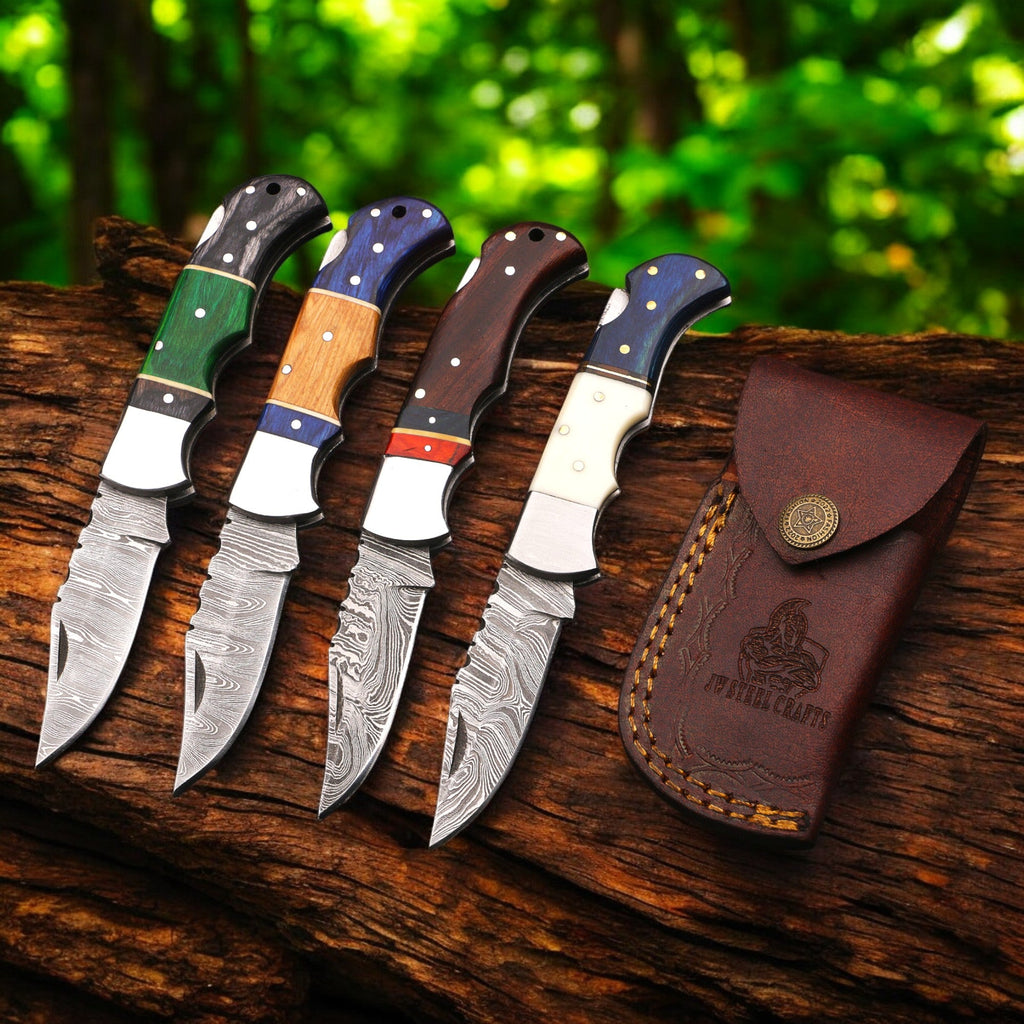 Hand Forged Damascus Steel Folding Knife – Pakka Wood Handle with Leather Sheath