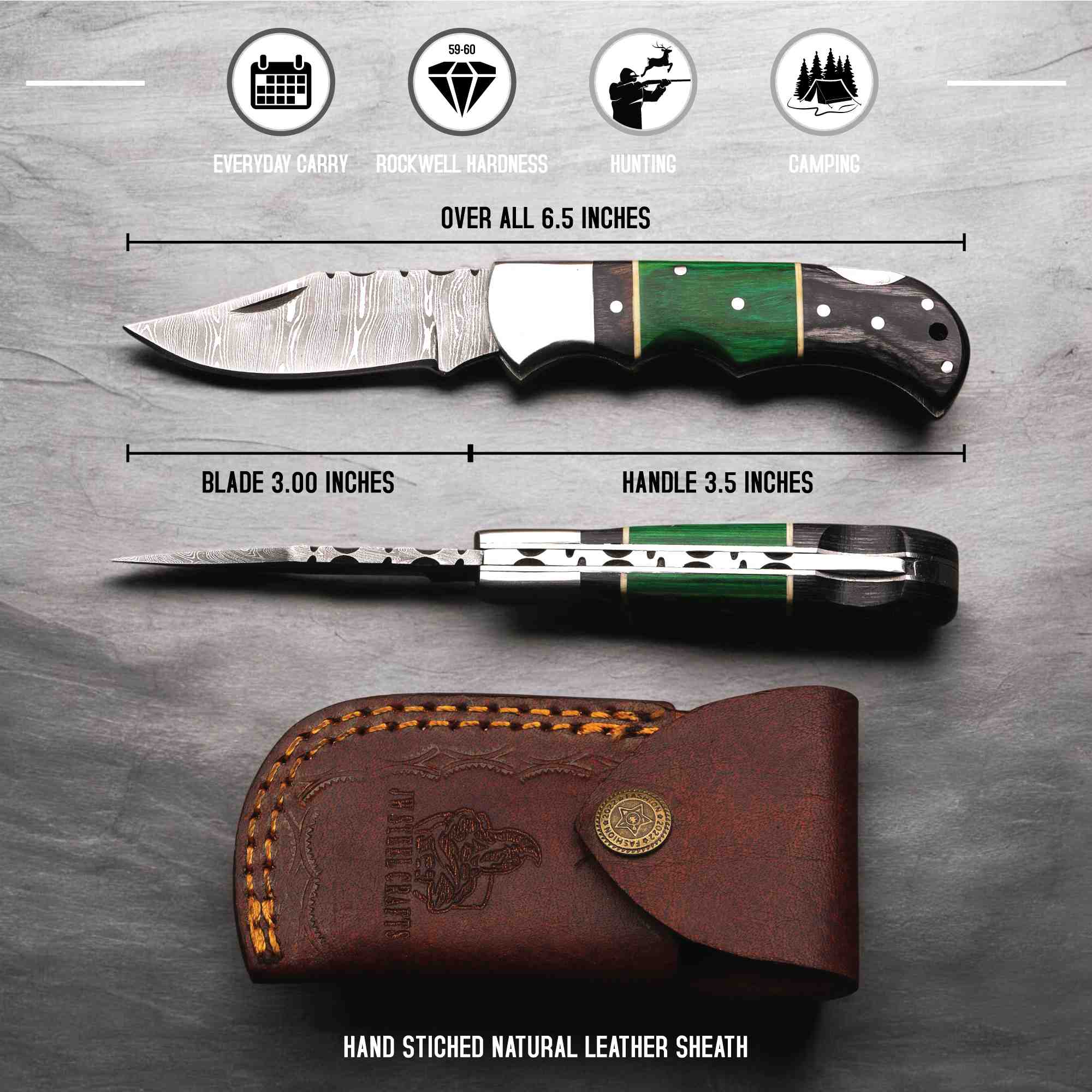 Hand Forged Damascus Steel Folding Knife – Pakka Wood Handle with Leather Sheath