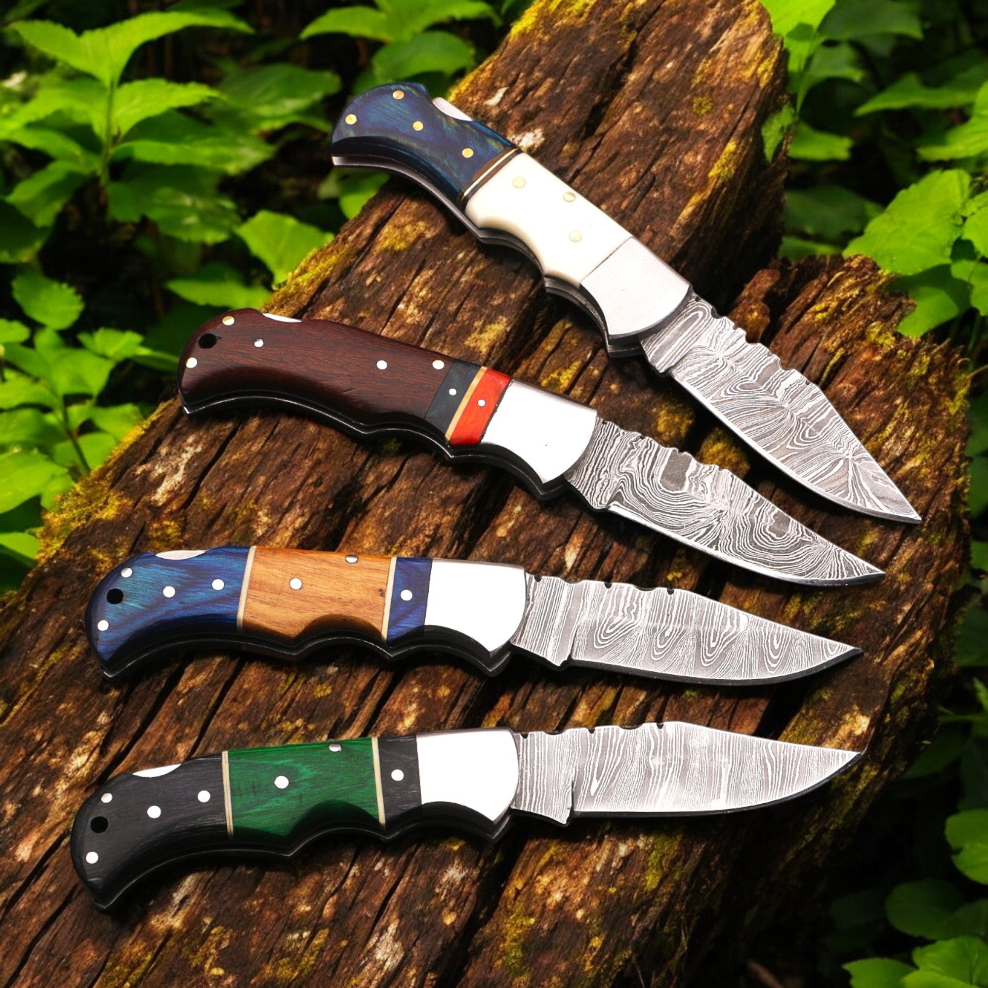 Hand Forged Damascus Steel Folding Knife – Pakka Wood Handle with Leather Sheath