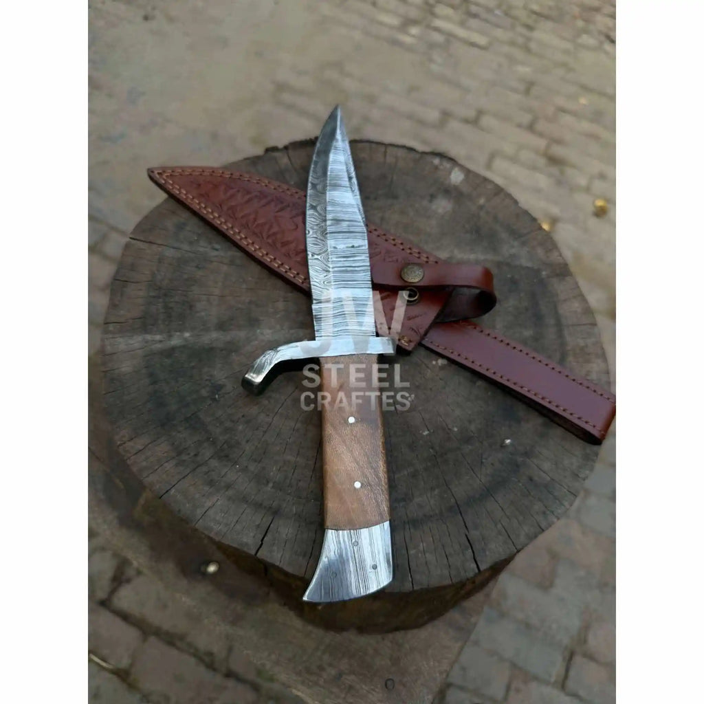 Hand Forged Damascus Steel Frontier Bowie Knife, Clip Point Blade with Coffin Handle and Leather Sheath, JW SteelCrafts