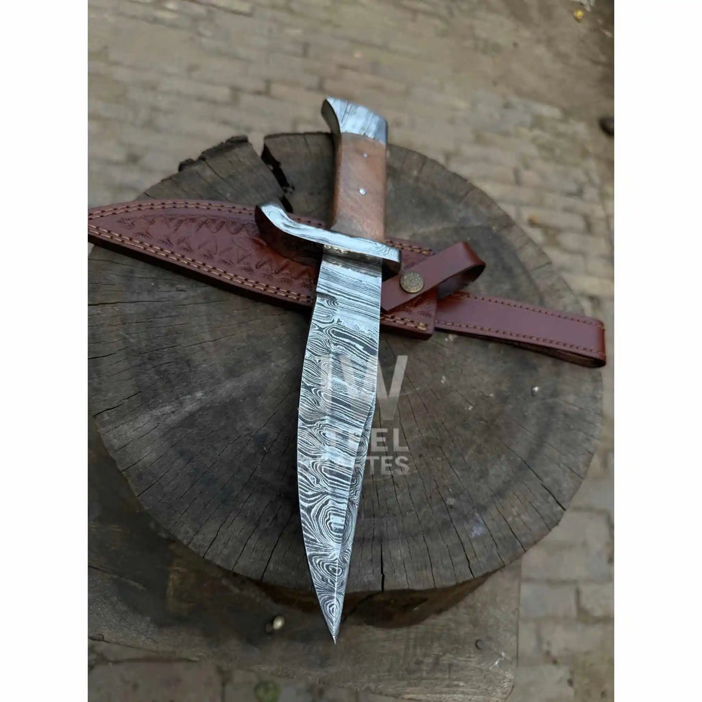 Hand Forged Damascus Steel Frontier Bowie Knife, Clip Point Blade with Coffin Handle and Leather Sheath, JW SteelCrafts