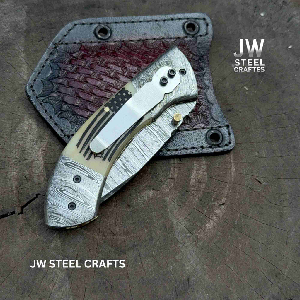 Handmade Damascus Drop Point Folding Knife – American Flag Handle, EDC Pocket Knife