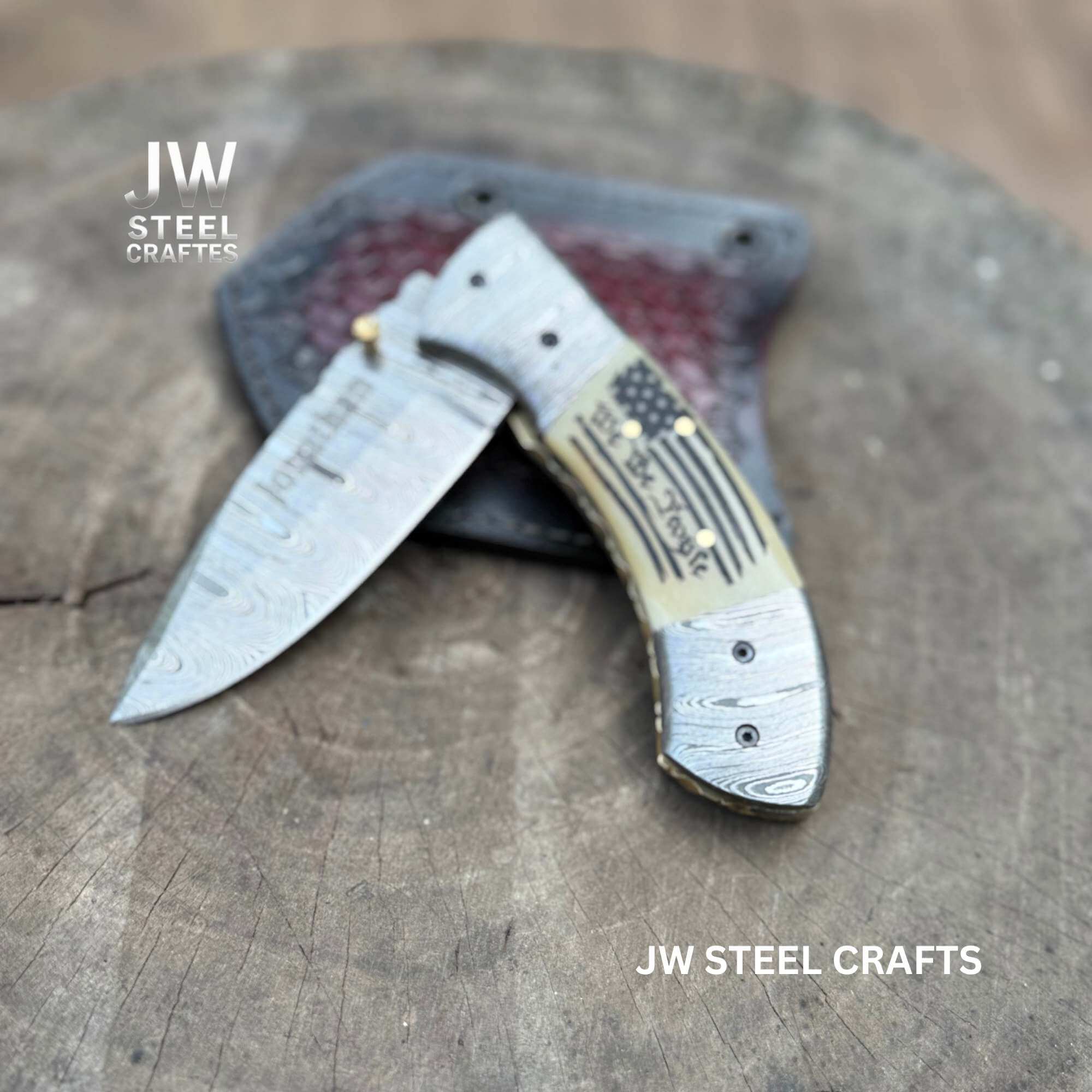 Handmade Damascus Drop Point Folding Knife – American Flag Handle, EDC Pocket Knife