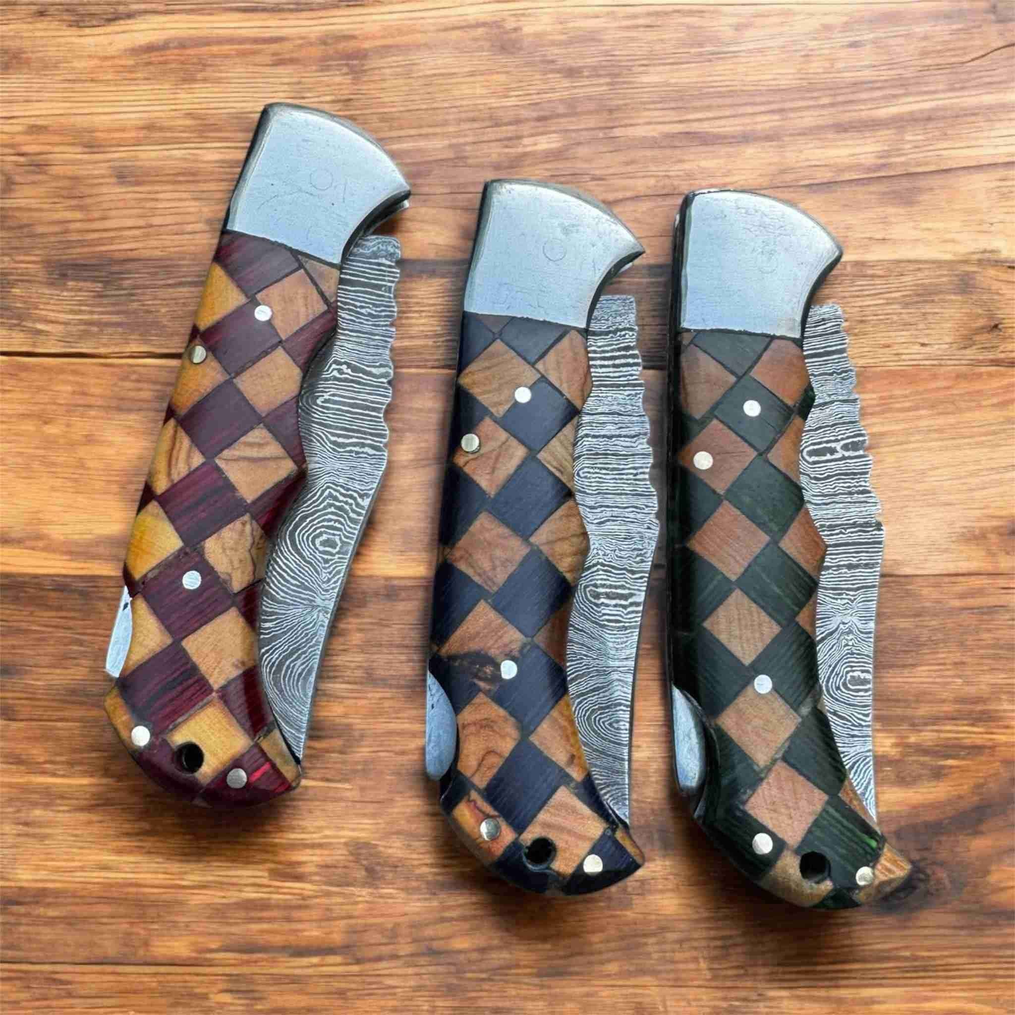 Handmade Damascus Folding Knife – Checker Pattern Wood Handle (Red, Green, Blue) with Leather Sheath