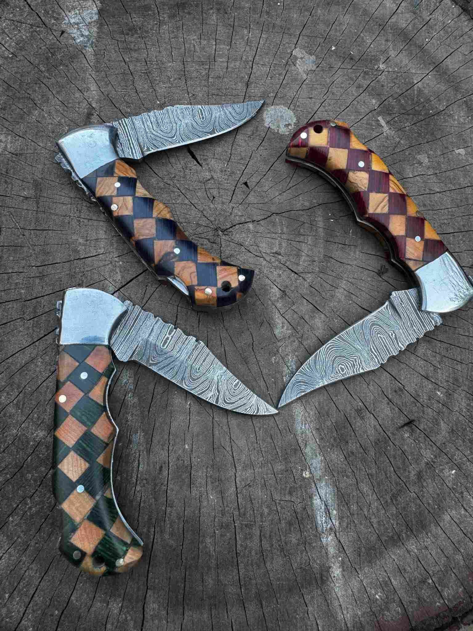 Handmade Damascus Folding Knife – Checker Pattern Wood Handle (Red, Green, Blue) with Leather Sheath