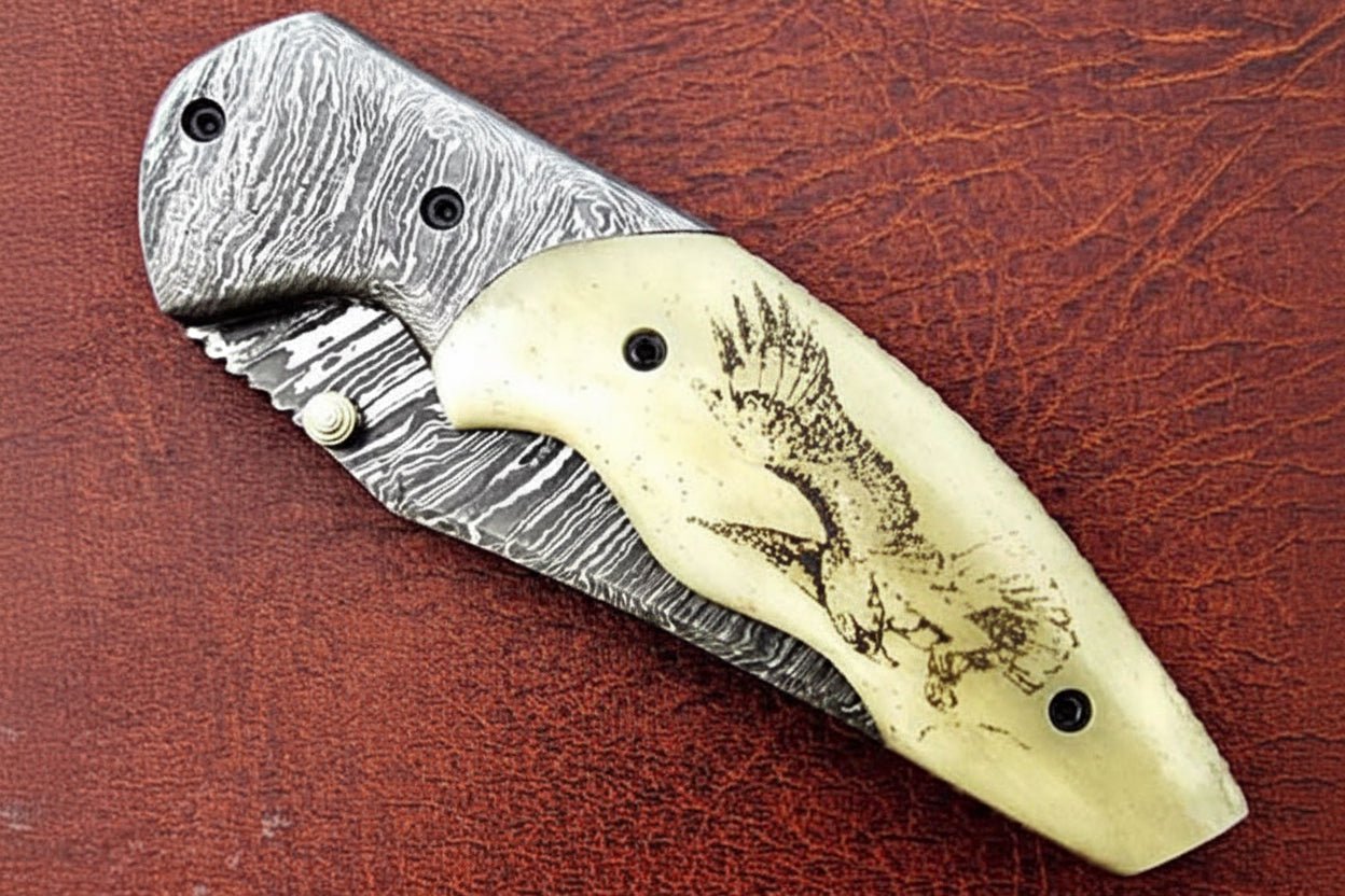 Handmade Damascus Folding Knife, Engraved Bone Handle Pocket Knife, Custom EDC Folder | JW SteelCrafts