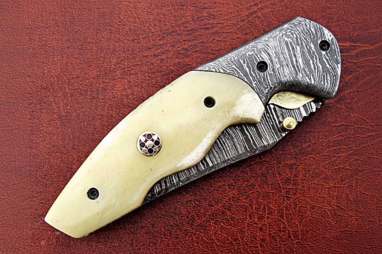 Handmade Damascus Folding Knife, Engraved Bone Handle Pocket Knife, Custom EDC Folder | JW SteelCrafts