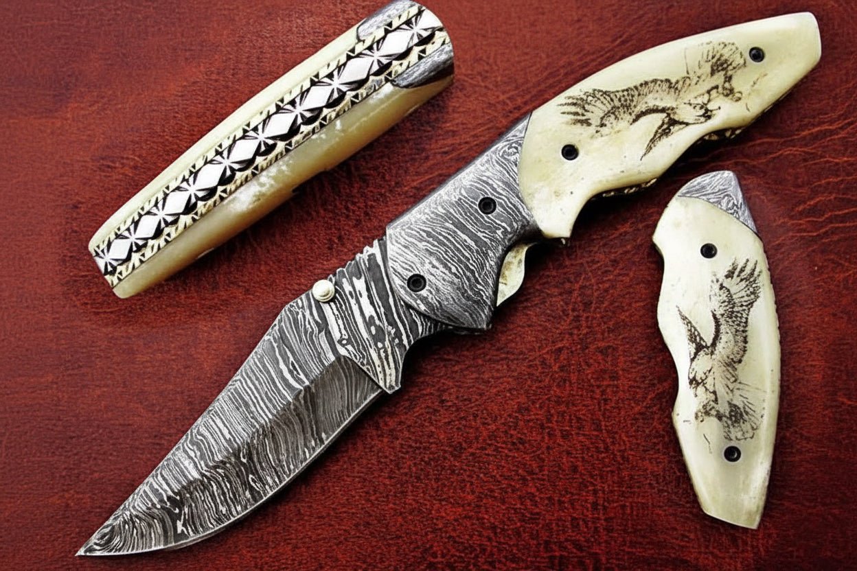 Handmade Damascus Folding Knife, Engraved Bone Handle Pocket Knife, Custom EDC Folder | JW SteelCrafts
