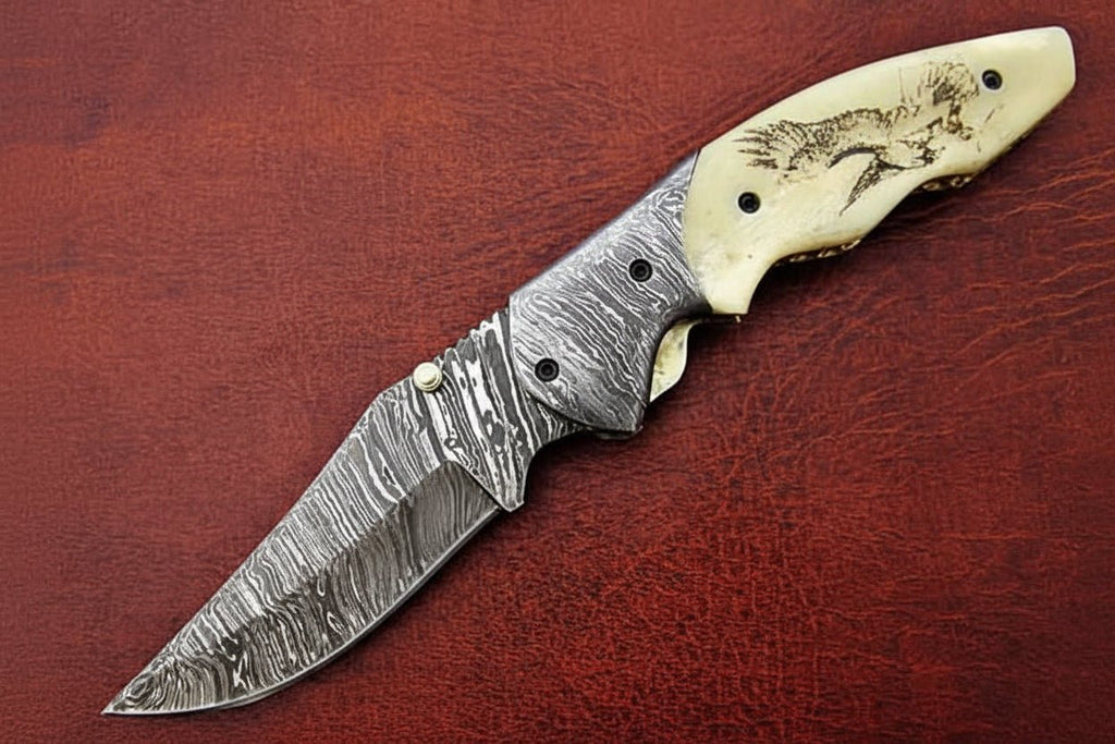 Handmade Damascus Folding Knife, Engraved Bone Handle Pocket Knife, Custom EDC Folder | JW SteelCrafts