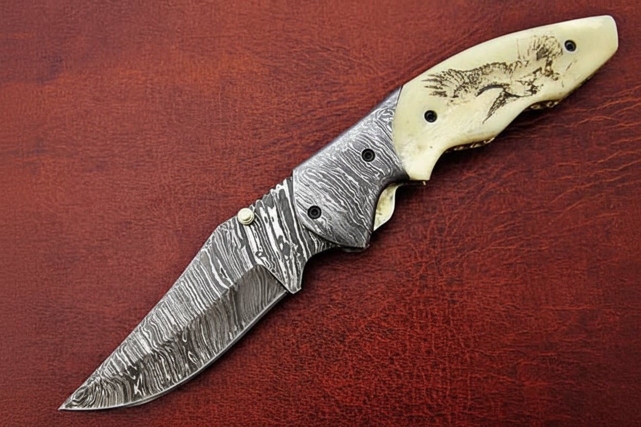 Handmade Damascus Folding Knife, Engraved Bone Handle Pocket Knife, Custom EDC Folder | JW SteelCrafts