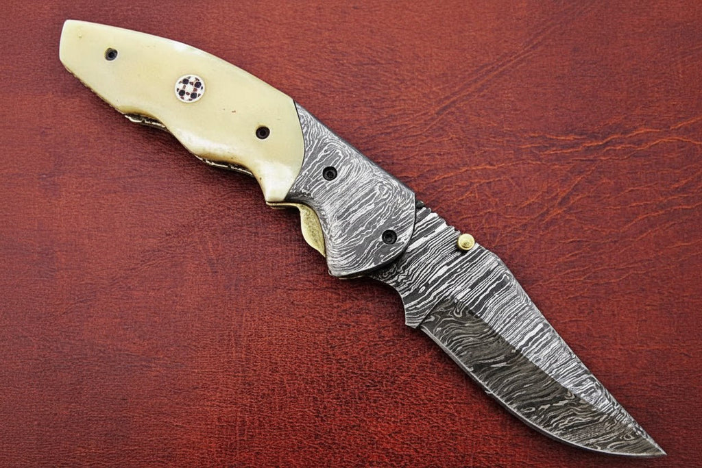 Handmade Damascus Folding Knife, Engraved Bone Handle Pocket Knife, Custom EDC Folder | JW SteelCrafts