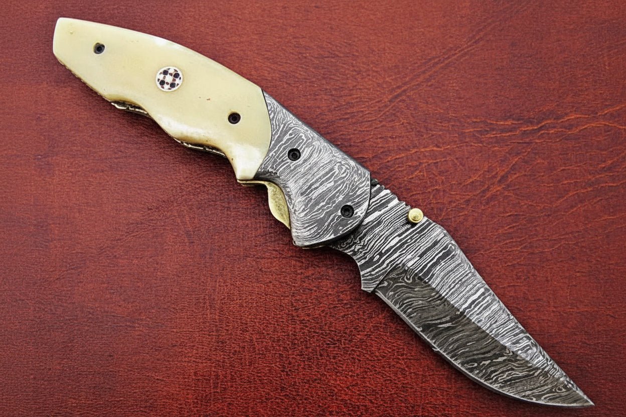 Handmade Damascus Folding Knife, Engraved Bone Handle Pocket Knife, Custom EDC Folder | JW SteelCrafts