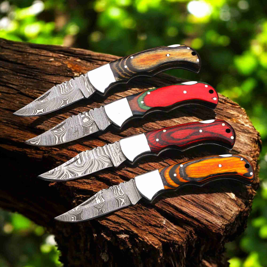 Handmade Damascus Folding Knife – Pakka Wood Handle (4 Color Variations)