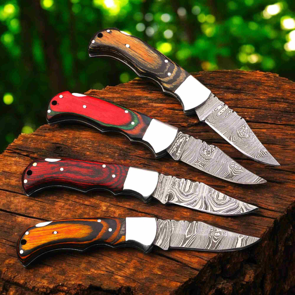 Handmade Damascus Folding Knife – Pakka Wood Handle (4 Color Variations)