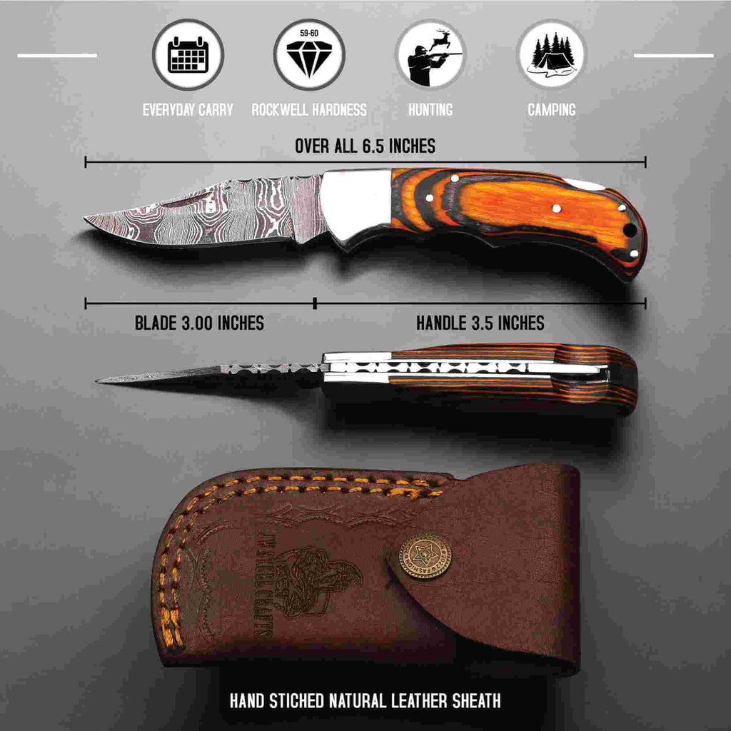 Handmade Damascus Folding Knife – Pakka Wood Handle (4 Color Variations)