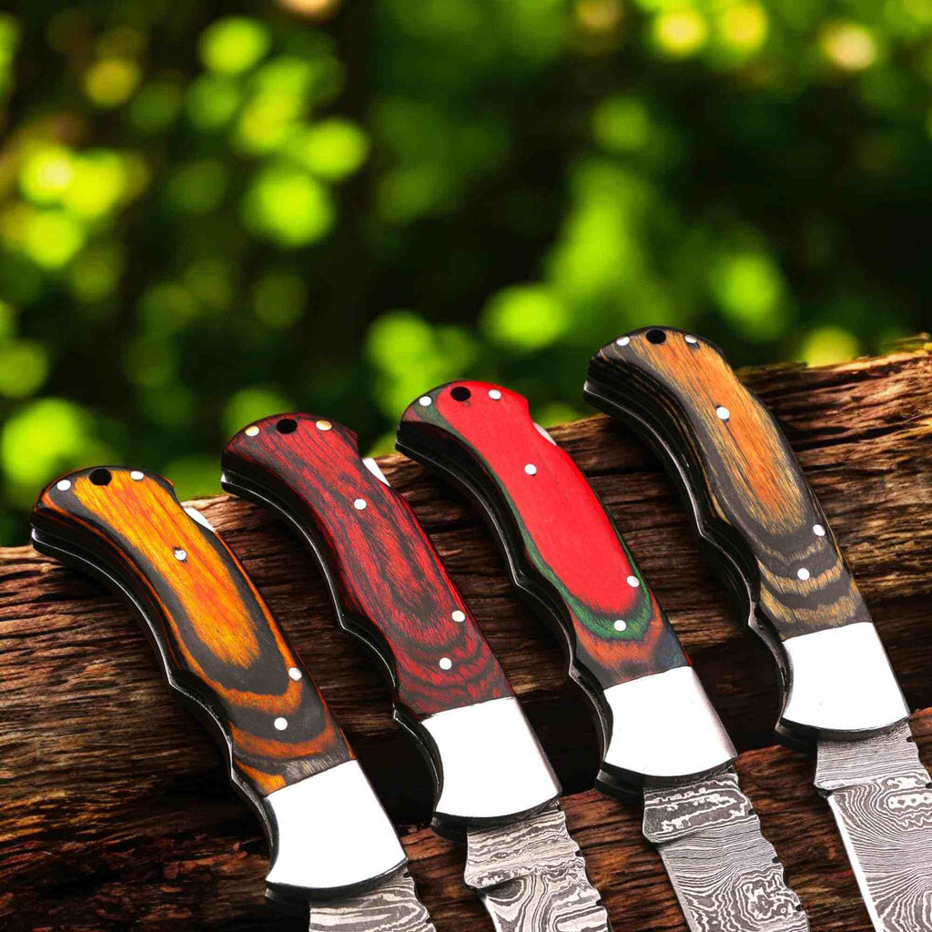 Handmade Damascus Folding Knife – Pakka Wood Handle (4 Color Variations)