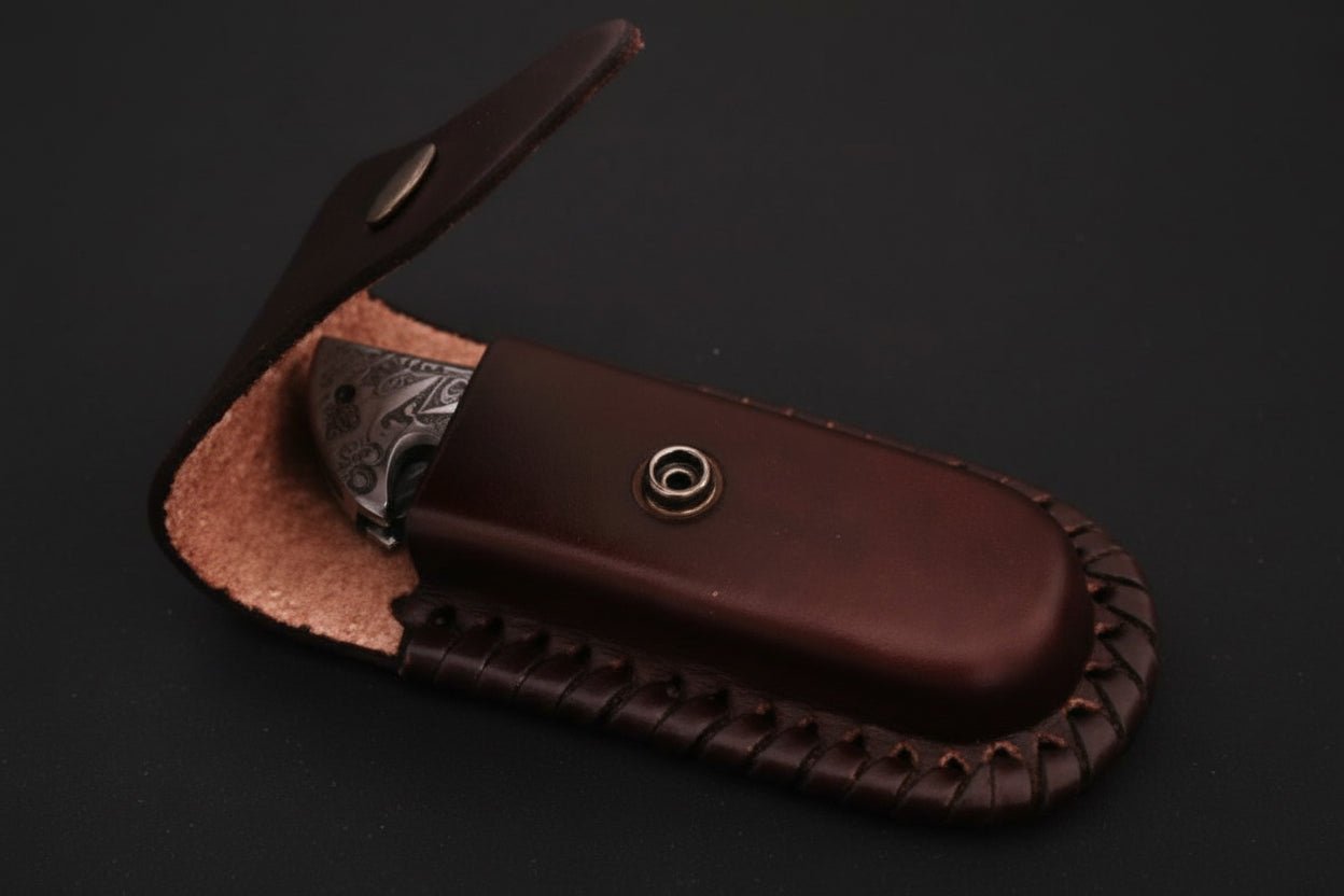 Handmade Damascus Folding Knife with Bone Handle – Compact EDC Pocket Knife with Leather Sheath